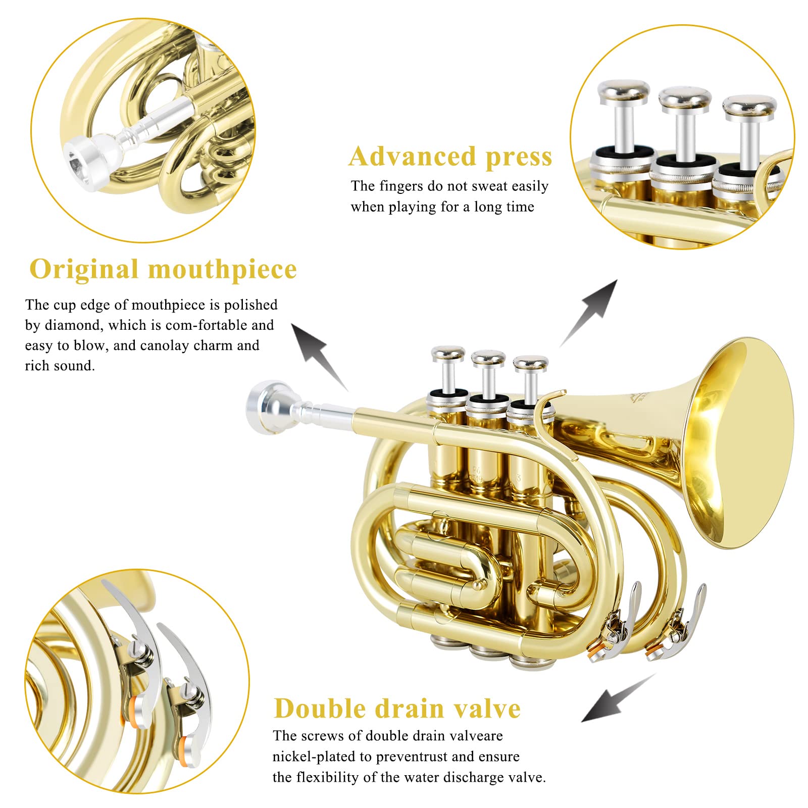 EastRock Pocket Trumpet Brass Bb Nickel Plated Trumpet with 7 C Mouthpiece, Hard Case, Strap, White Gloves, Cleaning Kit for Students and Beginners