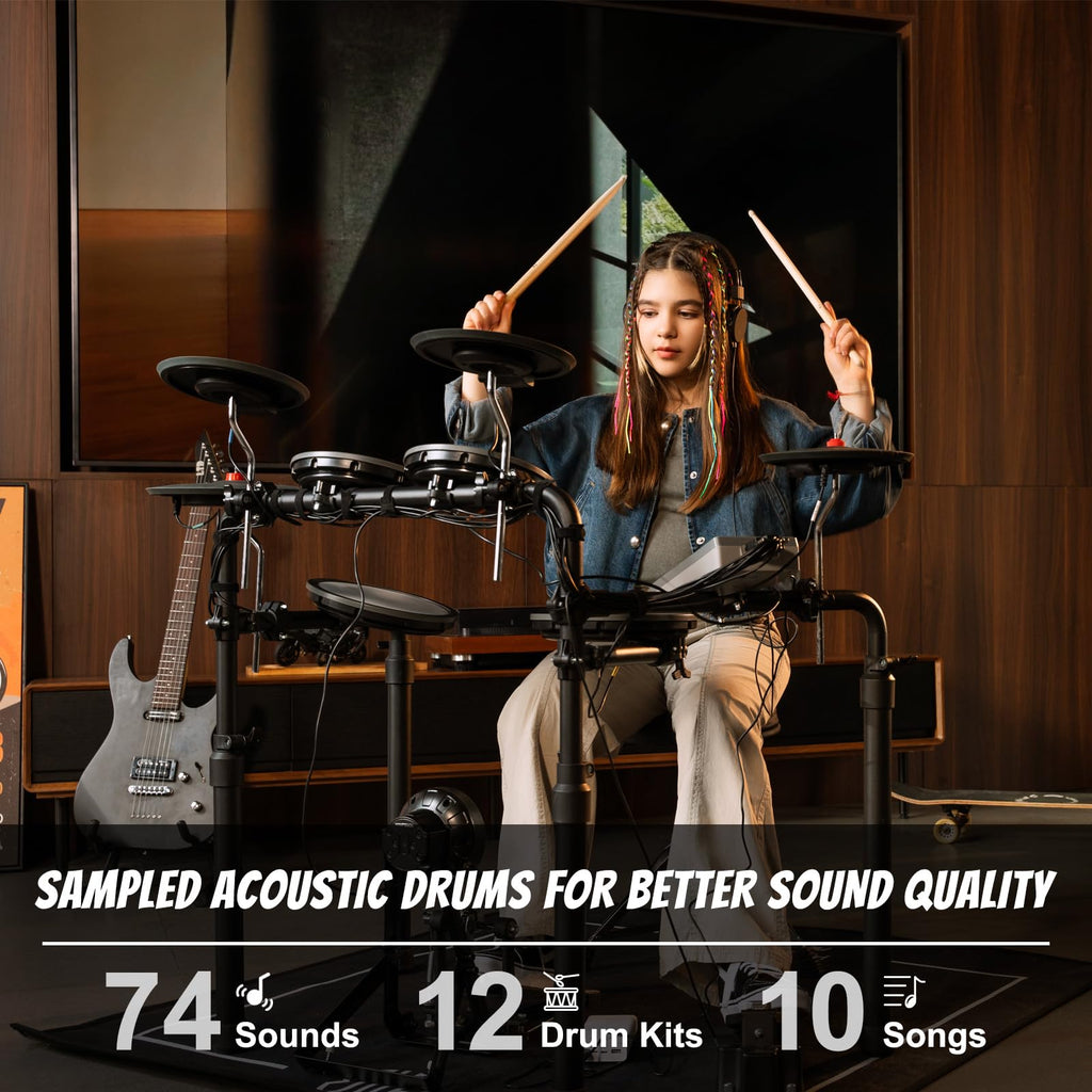 HAMPBACK MK-0 Electric Drum Set with 7'' Quiet Mesh Drum Pads, 8'' Full Rubber Cymbals, 12 Kits and 68 Authentic Sounds, USB MIDI, Throne, Sticks, Headphone, 2 Switch Pedals for Beginners & Kids