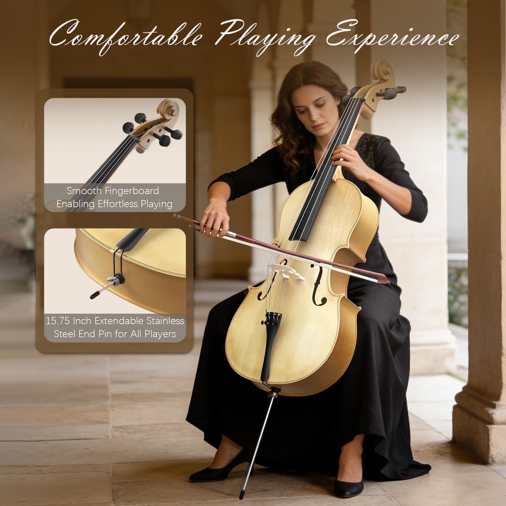 Full Size Cello Kit, Acoustic Cello Instrument for Adults,Beginners,Students,Complete Cello 4/4 Set with Portable Bag, Bow, Rosin (Black)