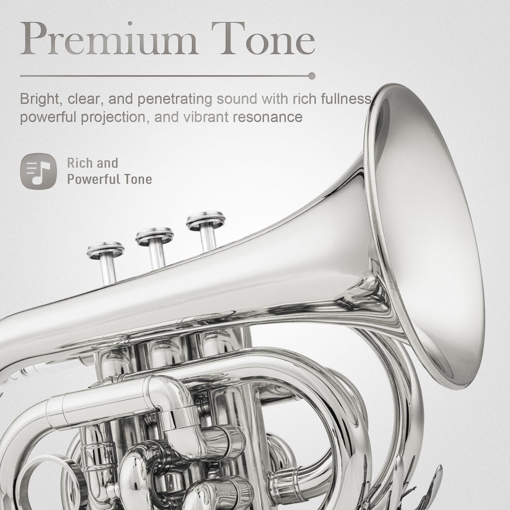 SONICAKE Pocket Trumpet Bb Flat - Gold Lacquer Brass Mini Trumpet Full Kit for Beginners Students with 7C Mouthpiece, Hard Case, Gloves & Cleaning Kit QPT-01 (Golden)