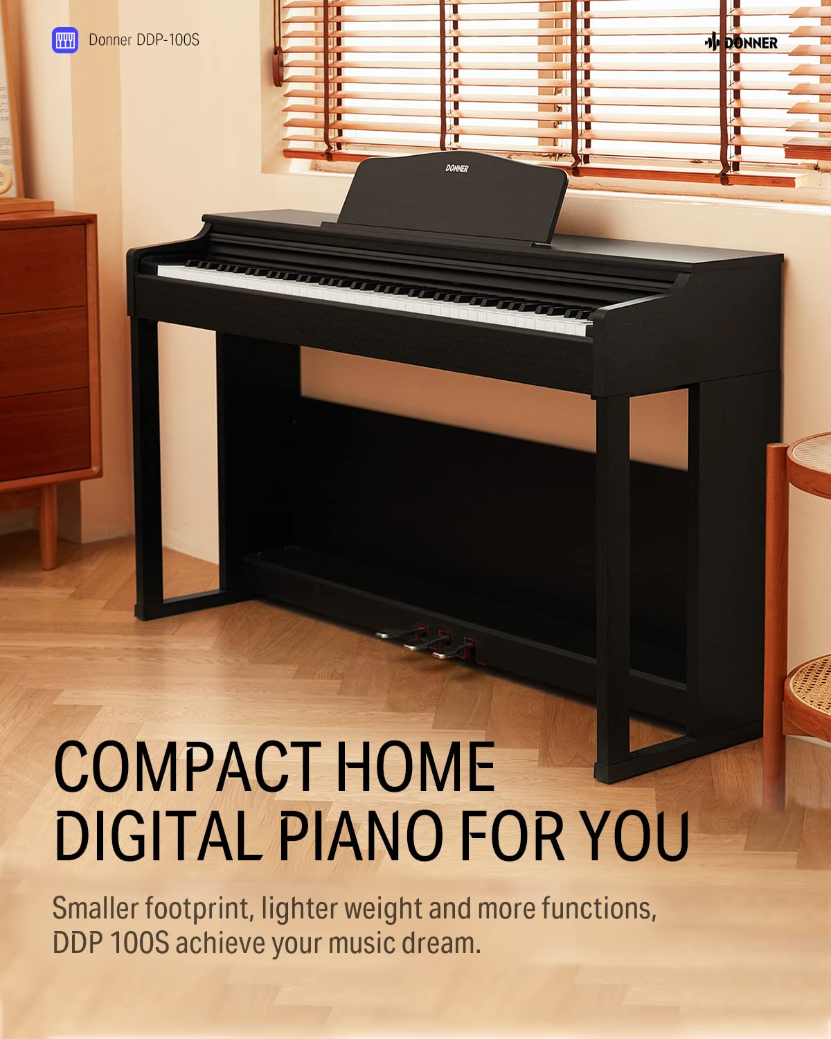 Donner DDP-100S Digital Piano 88 Key Weighted Graded Hammer-Action Piano Keyboard with MIDI In/Out, 200 Sounds & Rhythms, 100 Demo, Electric Piano with Bench for Beginner Professional
