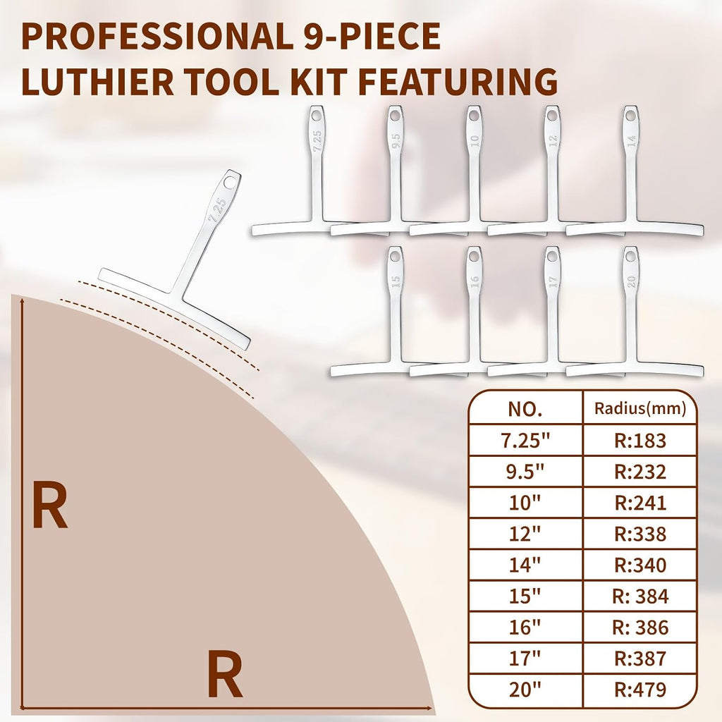 10 Pcs Guitar Luthier Tools - 9 Stainless Steel Understring Radius Gauges + 1 String Action Gauge, Precision T-Shaped Radius Measuring Ruler for Guitar & Bass Setup, Adjusting & Repairing