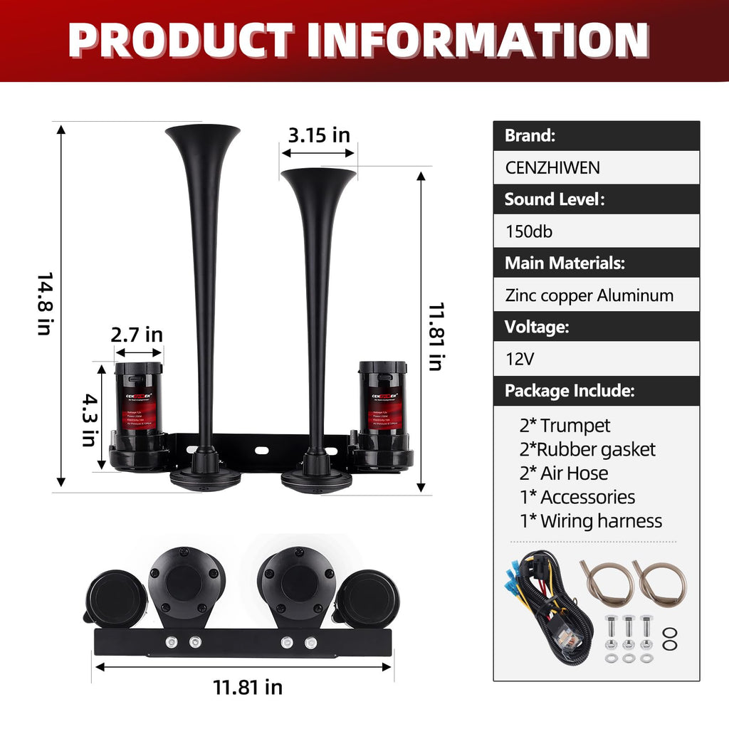 Dual 2-Trumpet Metal Air Horn for truck Kit with 2 air Compressors,12V 150dB Ultra Loud impact train car horn moto horn is suitable for pickup/SUV/Boat (Two-tube integrated)