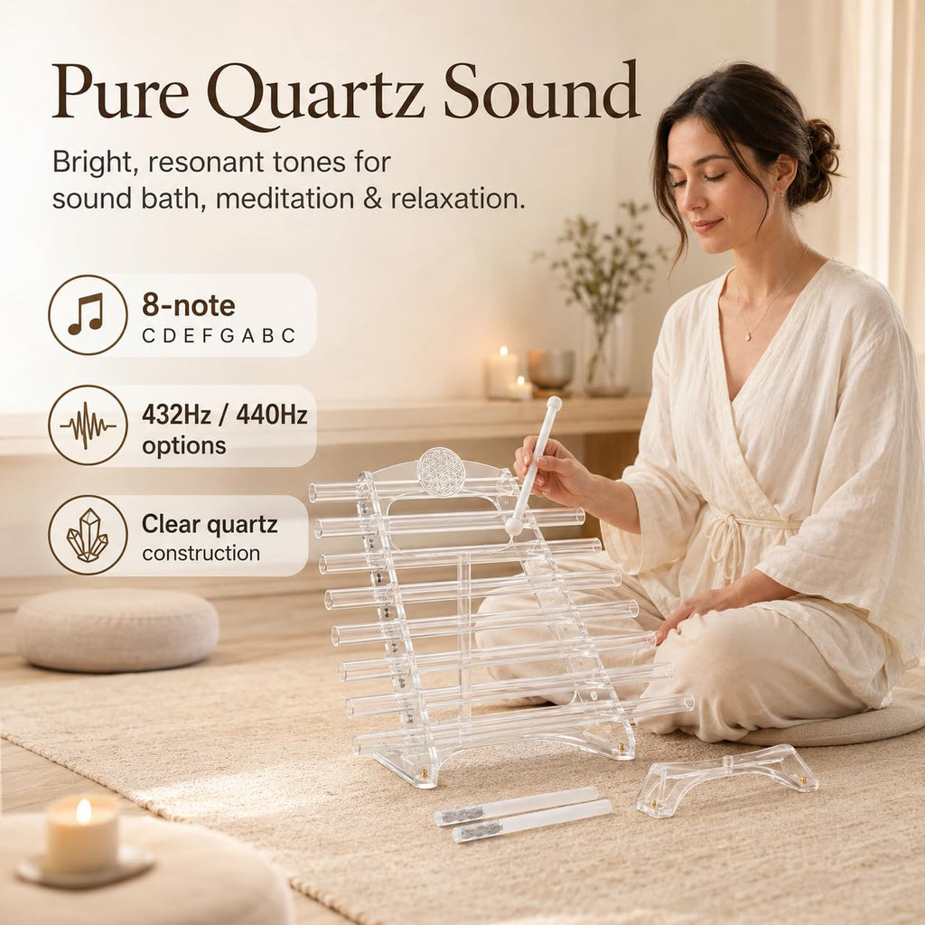 Quartz Crystal Harp for Sound Therapy, 432Hz/440Hz 8 Note CDEFGABC Quartz Crystal Singing Harp, Includes 8 Notes and Alumina Alloy Case, for Sound Baths and Meditation (A,440hz)