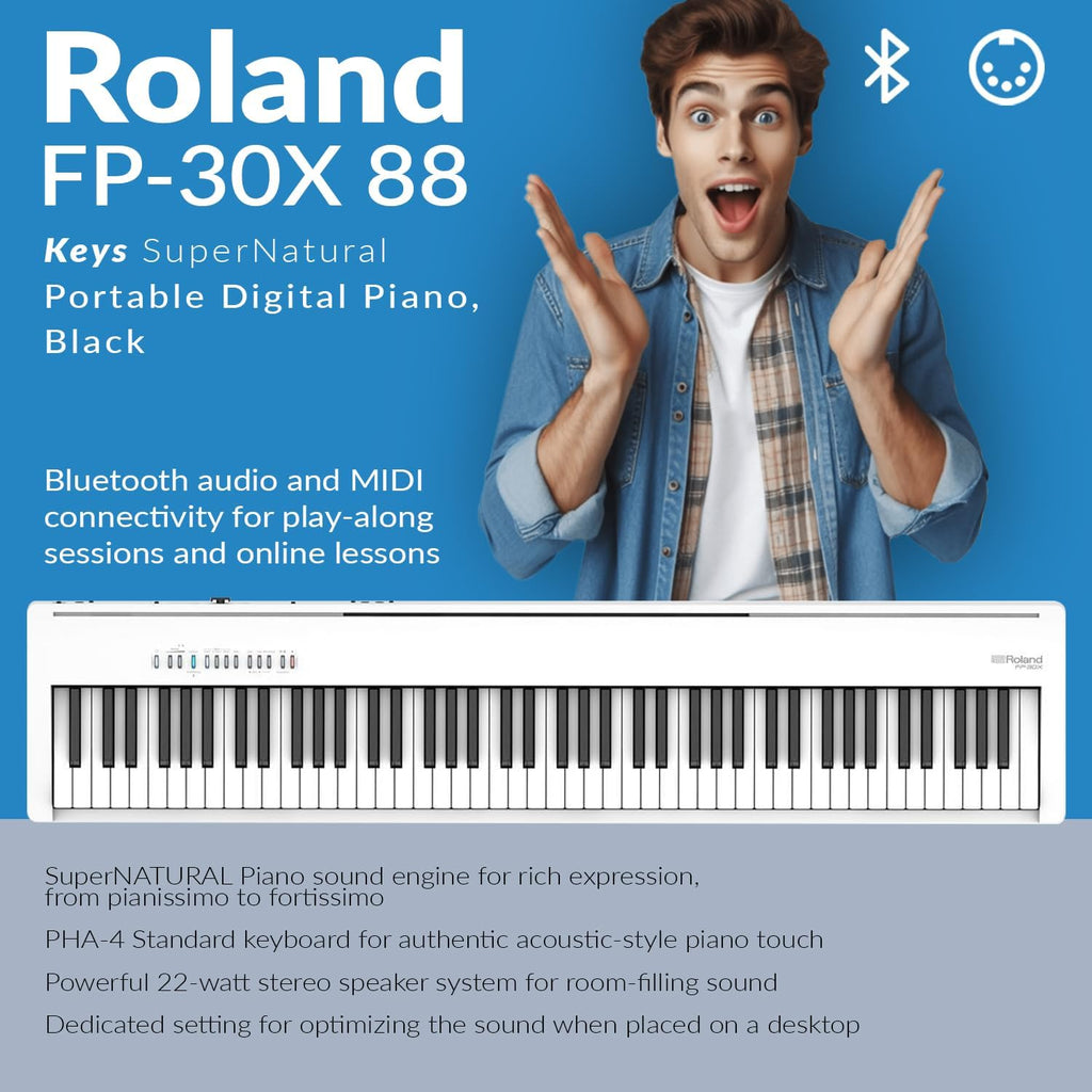 Roland FP-30X 88 Keys SuperNATURAL Portable Digital Piano, White Bundle with H&A Studio Monitor Headphones, Keyboard Stand, Bench and Sustain Pedal