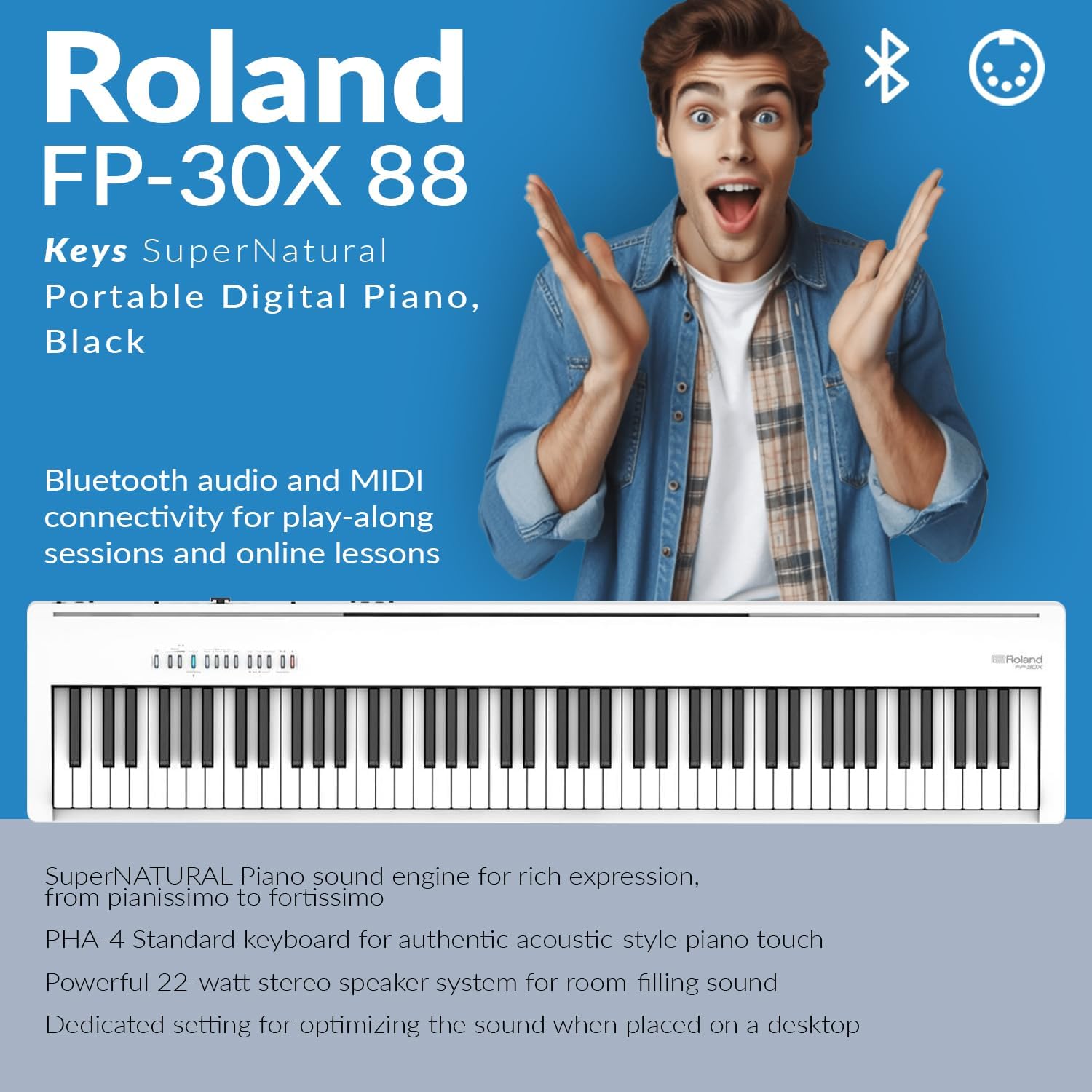 Roland FP-30X 88 Keys SuperNATURAL Portable Digital Piano, White Bundle with H&A Studio Monitor Headphones, Keyboard Stand, Bench and Sustain Pedal