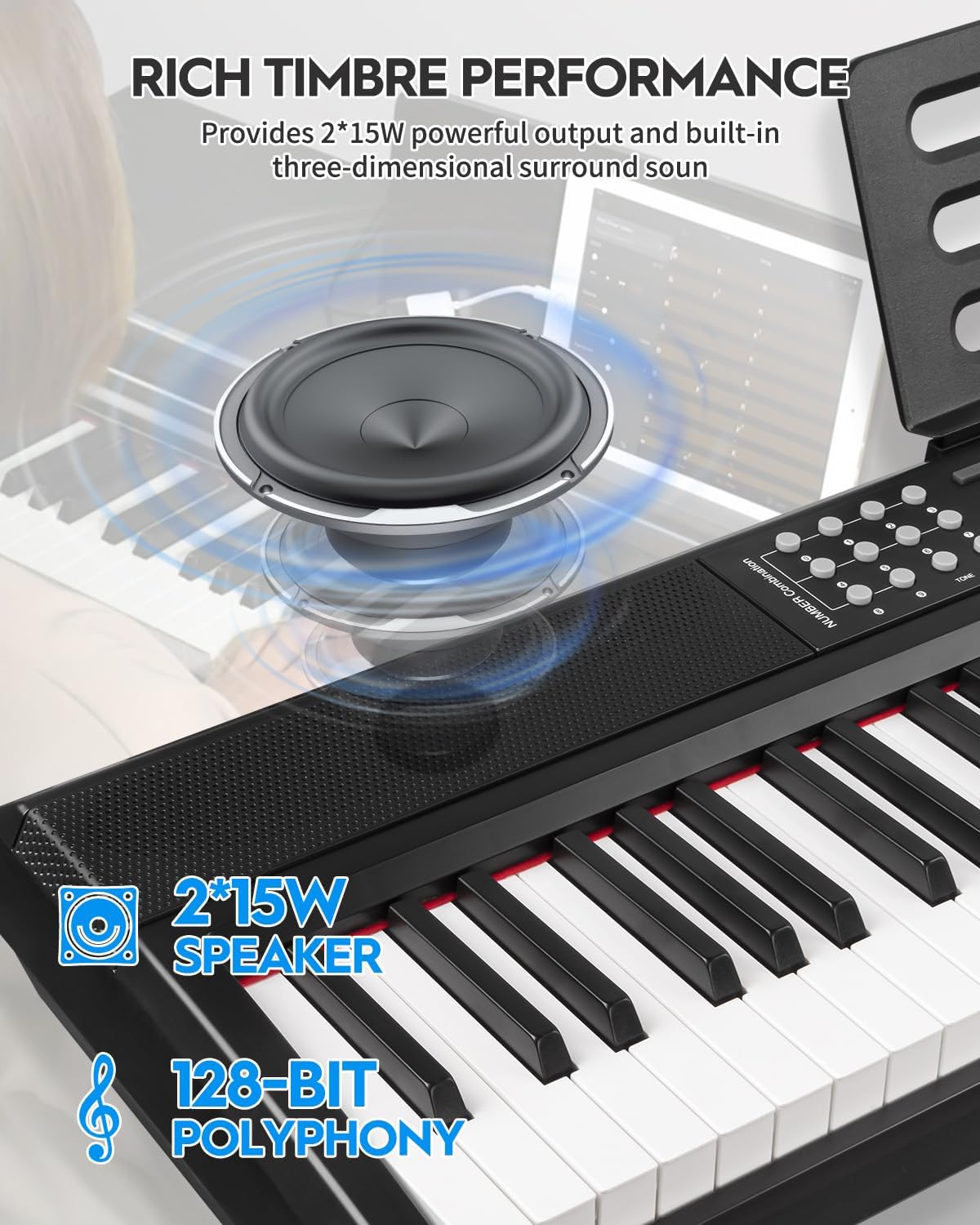 STRICH 88 Keys Weighted Keyboard with Sustain Pedal, Hammer-Action Digital Piano, 2x15W Built-In Speakers, Full-size Electric Piano Keyboard Supports USB-MIDI/Wireless Connect, White, SDP-120