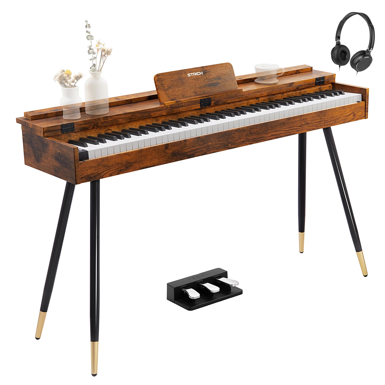 STRICH 88 Key Digital Piano, Hammer-Action Weighted Keyboard, Full Size Desk Cover Electric Piano Keyboard with Stand, 25Wx2 Speakers, Headphones, Three Pedal, SDP-350S(Color Mahogany)