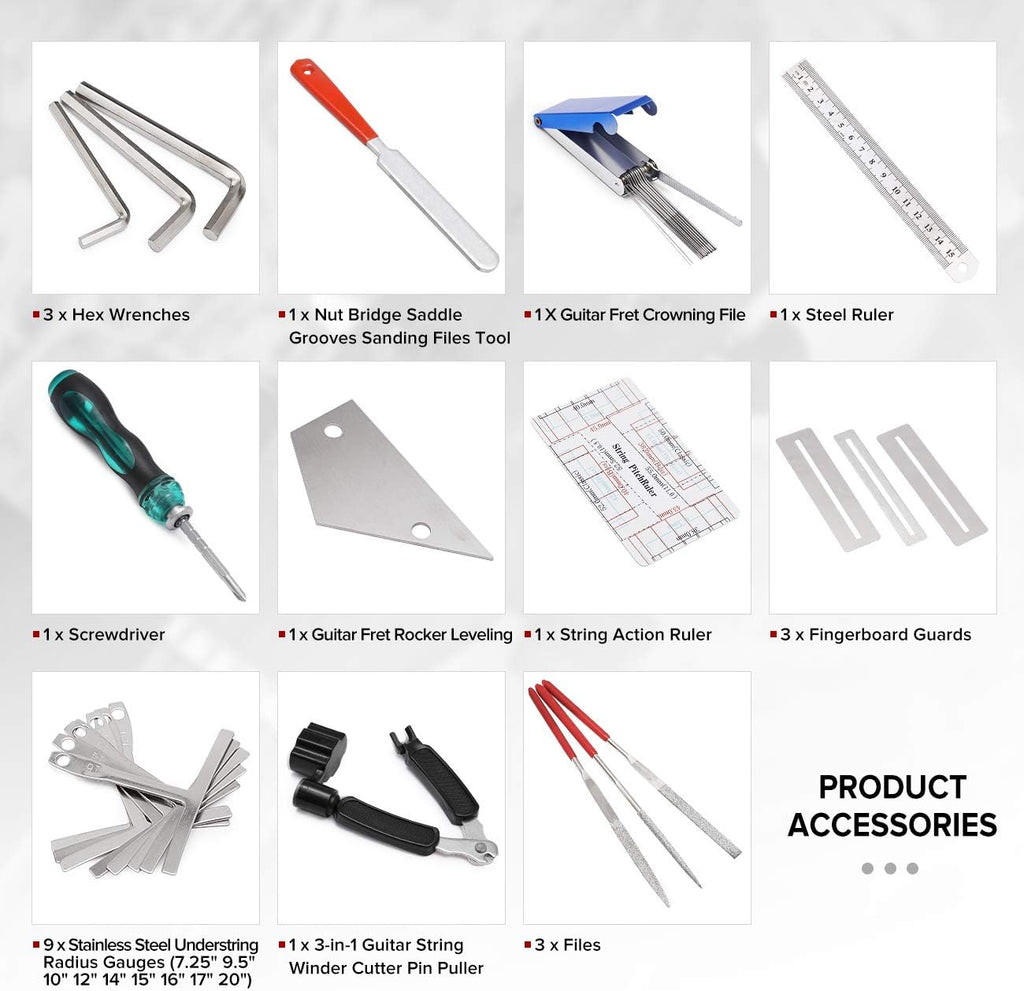 MIFOGE 25-Piece Guitar Repair Tools Kit with Carry Bag | Maintenance Tool with Ruler Gauge Measuring Tool Hex Wrench Files for Acoustic Electric guitar Ukulele Bass Banjo