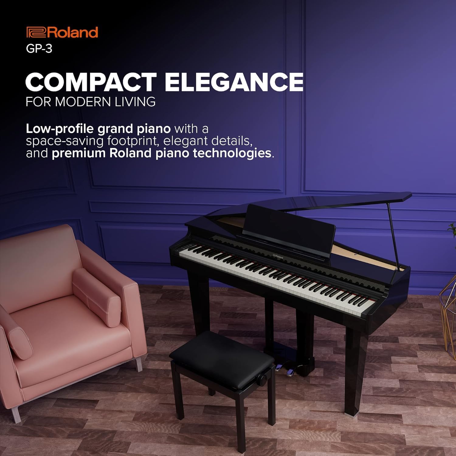 Roland GP-3 Digital Piano | Low-Profile Grand Piano with a Space-Saving Footprint | Premium Roland Piano Technologies | Authentic Tone and Touch | Immersive Sound | Onboard Bluetooth® & More