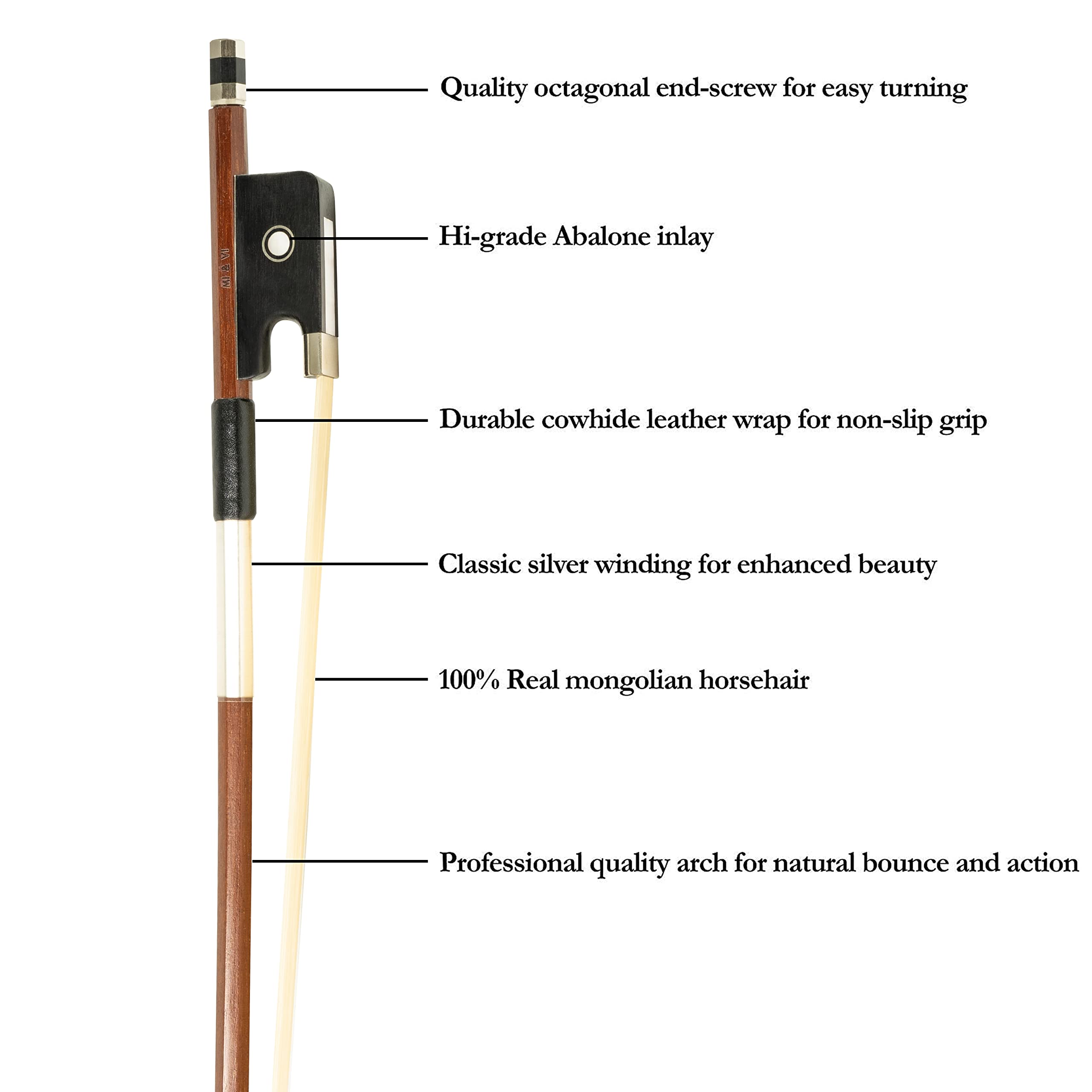 MI&VI CB-510 Brazilwood Cello Bow 4/4 (Full Size) with Ebony Frog | Octagonal Silver Mount | Well Balanced | Light Weight | Mongolian Horse Hair - MIVI Music