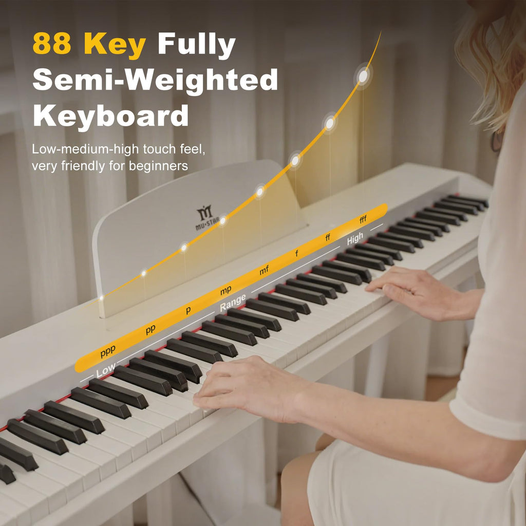 MUSTAR 88 Key Piano Keyboard with Piano Bench, Digital Piano 88 Semi Weighted Keys, Portable Electric Piano with Storage Stool, 3 Pedals, Built-In Speakers, USB/MIDI, Black