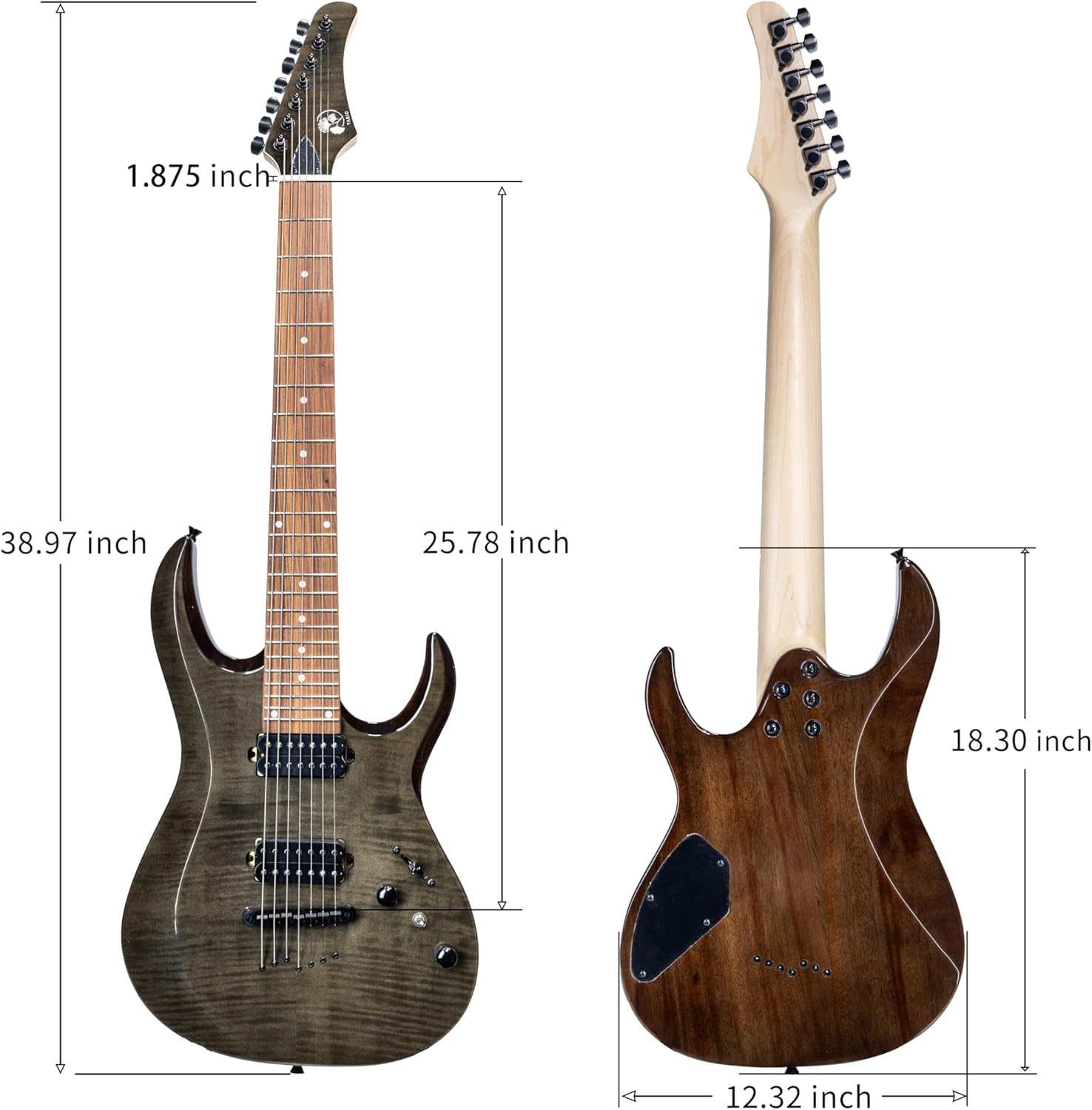 TARIO 7 String Electric Guitar 24 Frets, Flame Mahogany Top, Maple Neck, Rosewood Fingerboard, Dual Humbucker Pickups, Fixed Bridge, Modern Metal Guitar