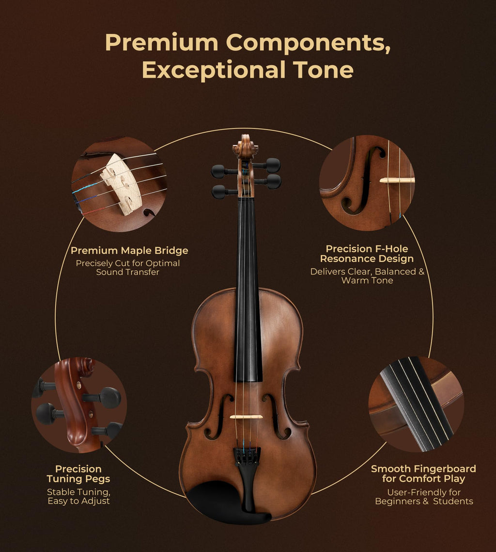 Vangoa 4/4 Solid Wood Acoustic Violin Full Size Fiddle Set for Beginner Adult Student Teen Kids with Violin Case, Bow, Rosin, Shoulder Rest, Tuner, Strings, Natural
