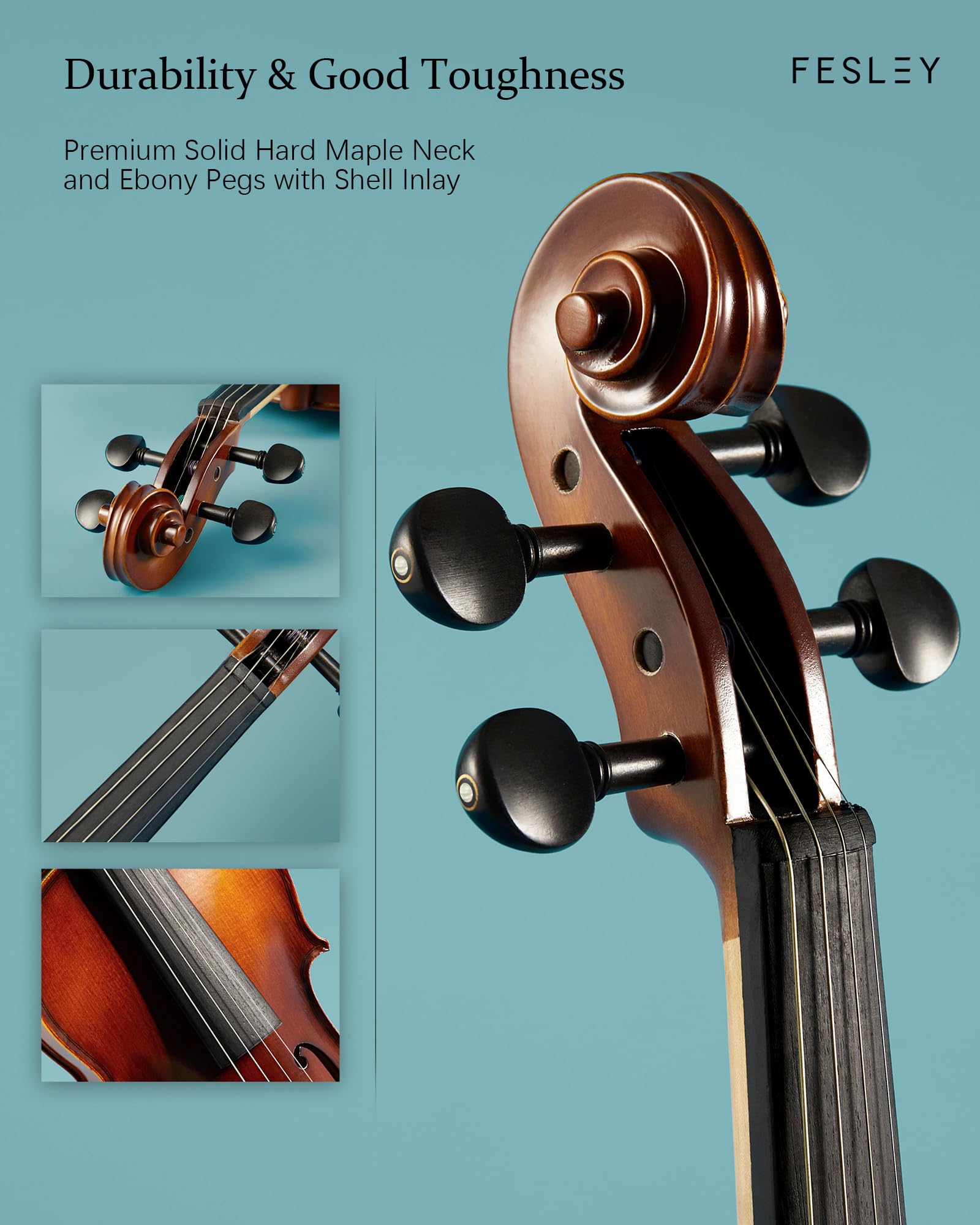 Fesley 4/4 Beginner Violin Kit for Adults & Teens, Full Size Acoustic Violin Set with Hard Case, Bow, Shoulder Rest, Digital Tuner & Extra Strings, Handmade Solid Wood Student Violin