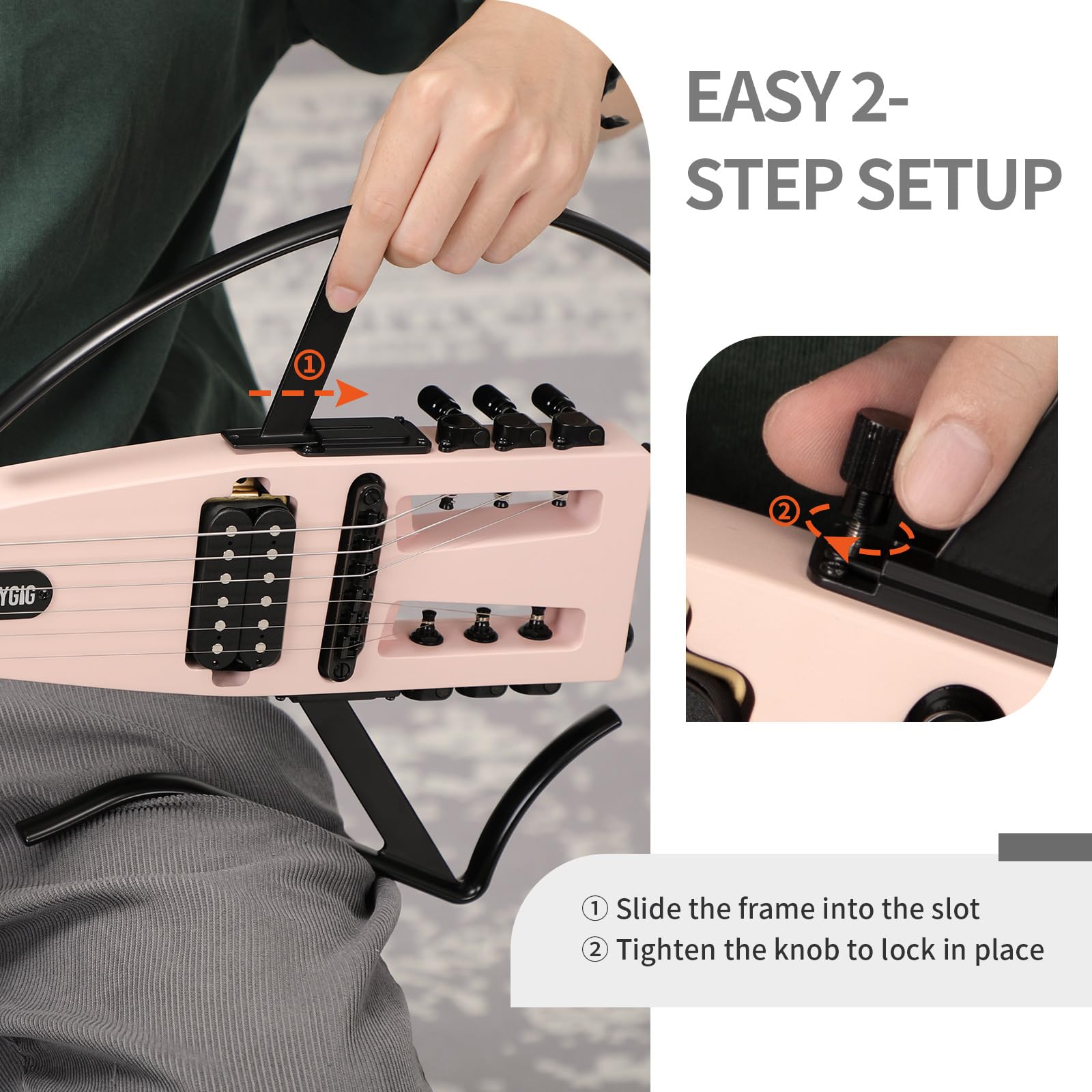 Anygig Travel Electric Guitar Headless – Portable Ultra-Light and Quiet, Full-Scale 25.5” Rosewood Fingerboard, Glow Humbucker, Gig Bag, Removable Stands for Left and Right Black