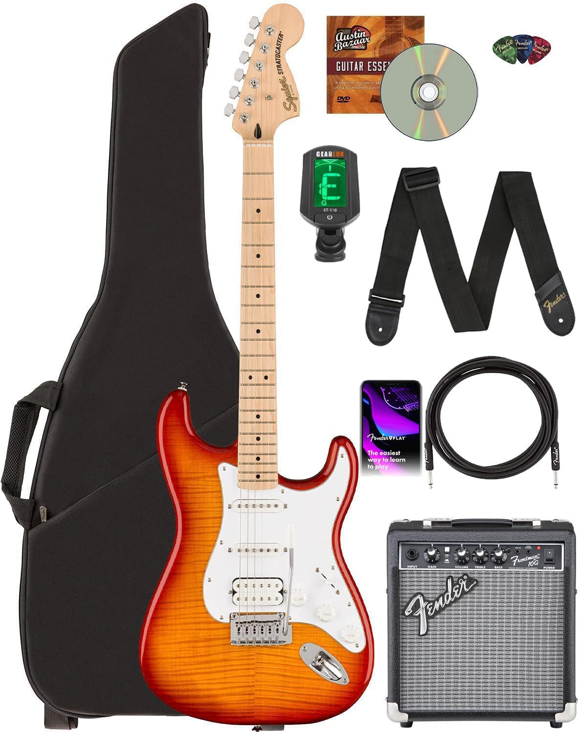 Fender Squier Affinity Stratocaster FMT HSS - Sienna Sunburst Bundle with Frontman 10G Amplifier, Gig Bag, Tuner, Instrument Cable, Strap, Picks, and Austin Bazaar Instructional DVD