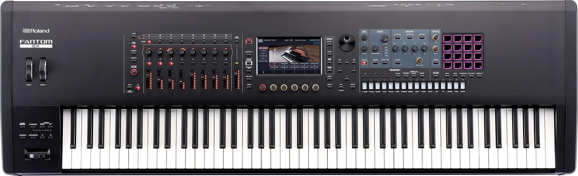Roland Fantom 8 EX 88-Key Workstation Keyboard Synthesizer Bundle with Adjustable Stand, Sustain Pedal, Online Piano Lessons, Instructional DVD, and Austin Bazaar Polishing Cloth
