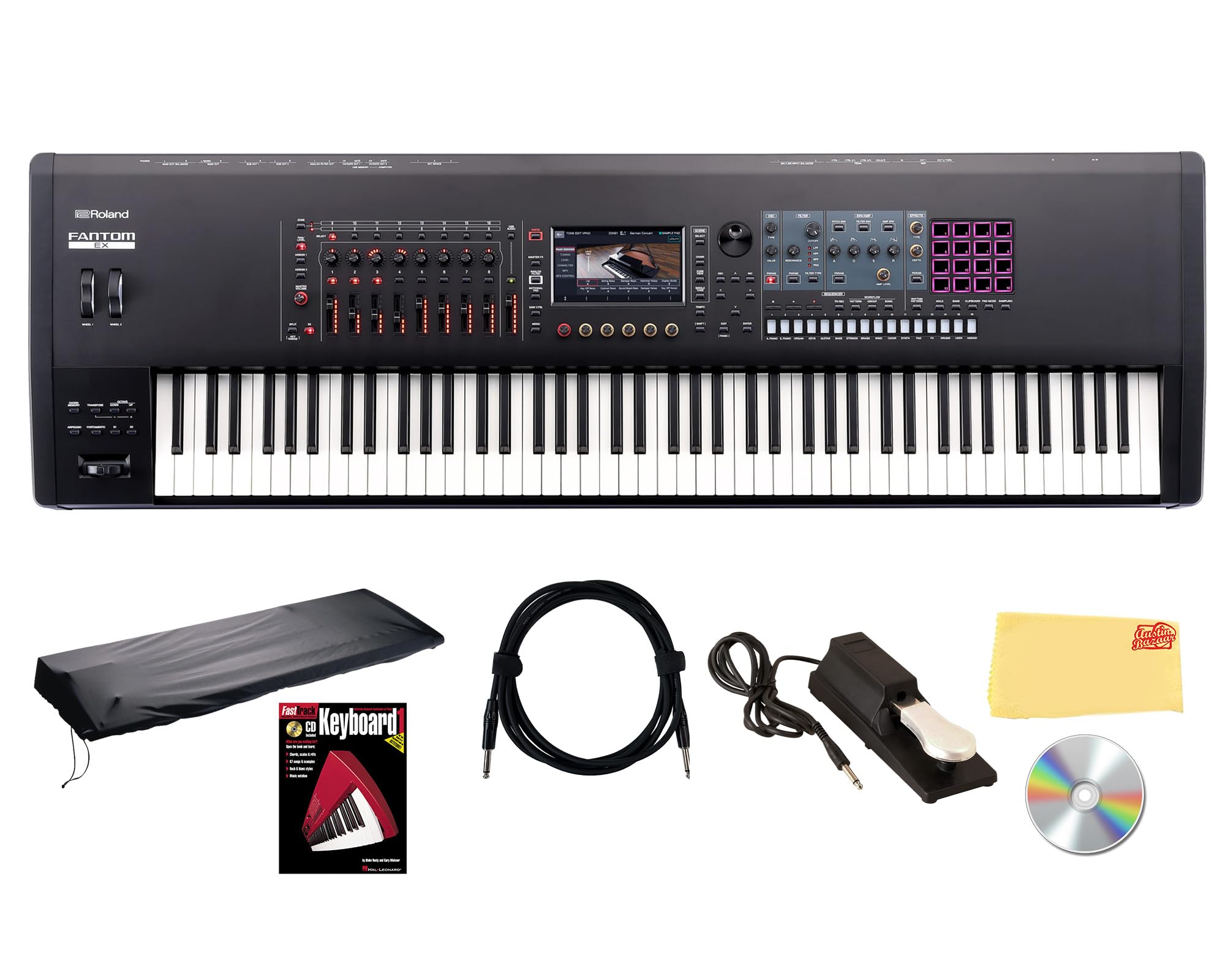 Roland Fantom 8 EX 88-Key Workstation Keyboard Synthesizer Bundle with Adjustable Stand, Sustain Pedal, Online Piano Lessons, Instructional DVD, and Austin Bazaar Polishing Cloth