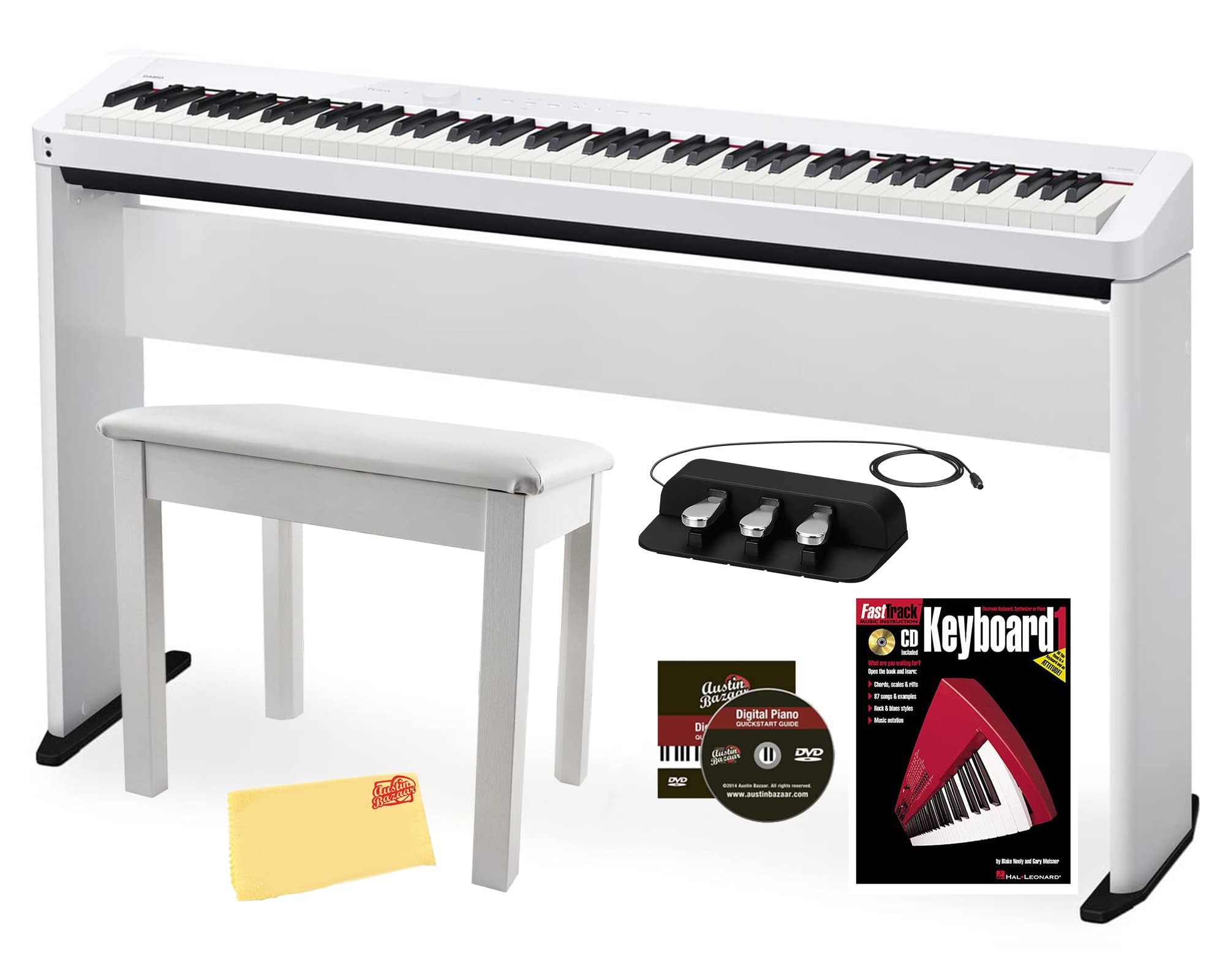 Casio PX-S1100 Privia Digital Piano - Black Bundle with CS-68 Furniture Stand, SP-34 Three Pedal System, Furniture Bench, Instructional Book, Instructional Video, and Austin Bazaar Polishing Cloth