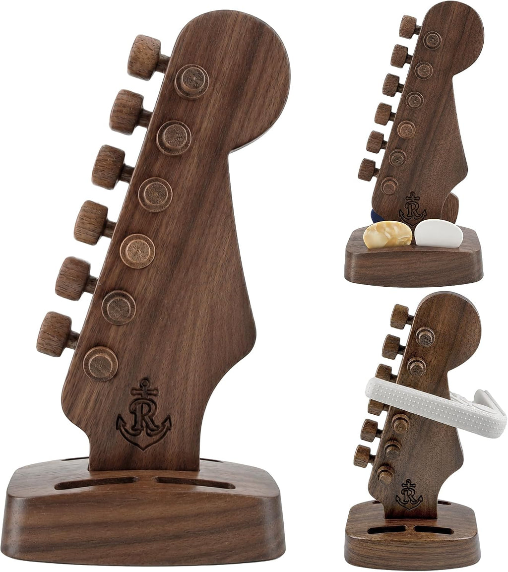 Rockhouse Wooden Guitar Headstock Pick Holder, Walnut Solid Wood Storage Stand Plectrum Organizer with 4 Pick Slots, Gift for Fender Guitarist