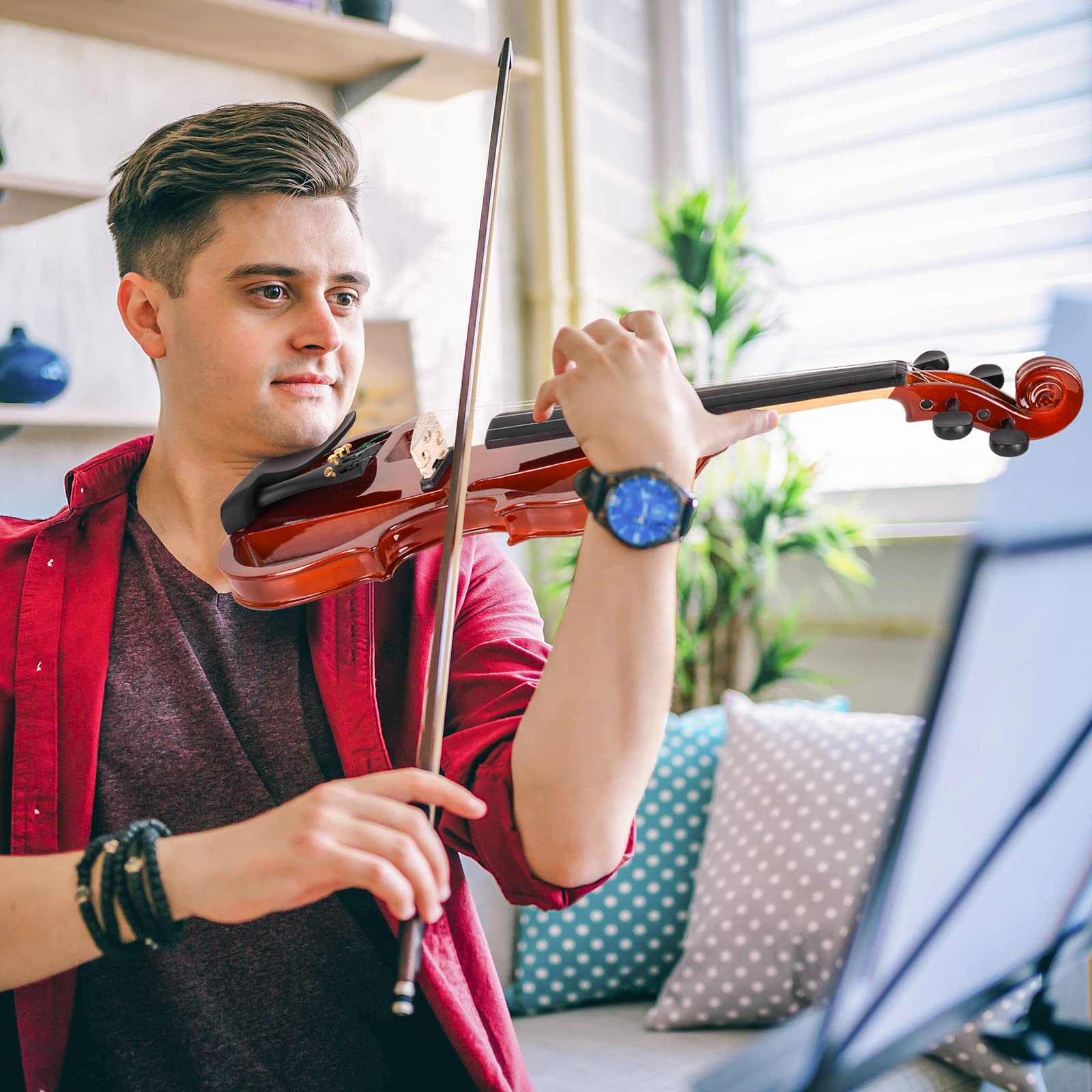 Vangoa Electric Violin Full Size 4/4, Black Silent Electric Violin, Solid Wood Metallic Electric Fiddle with Ebony Fittings, Beginner Kit for Adults Teens