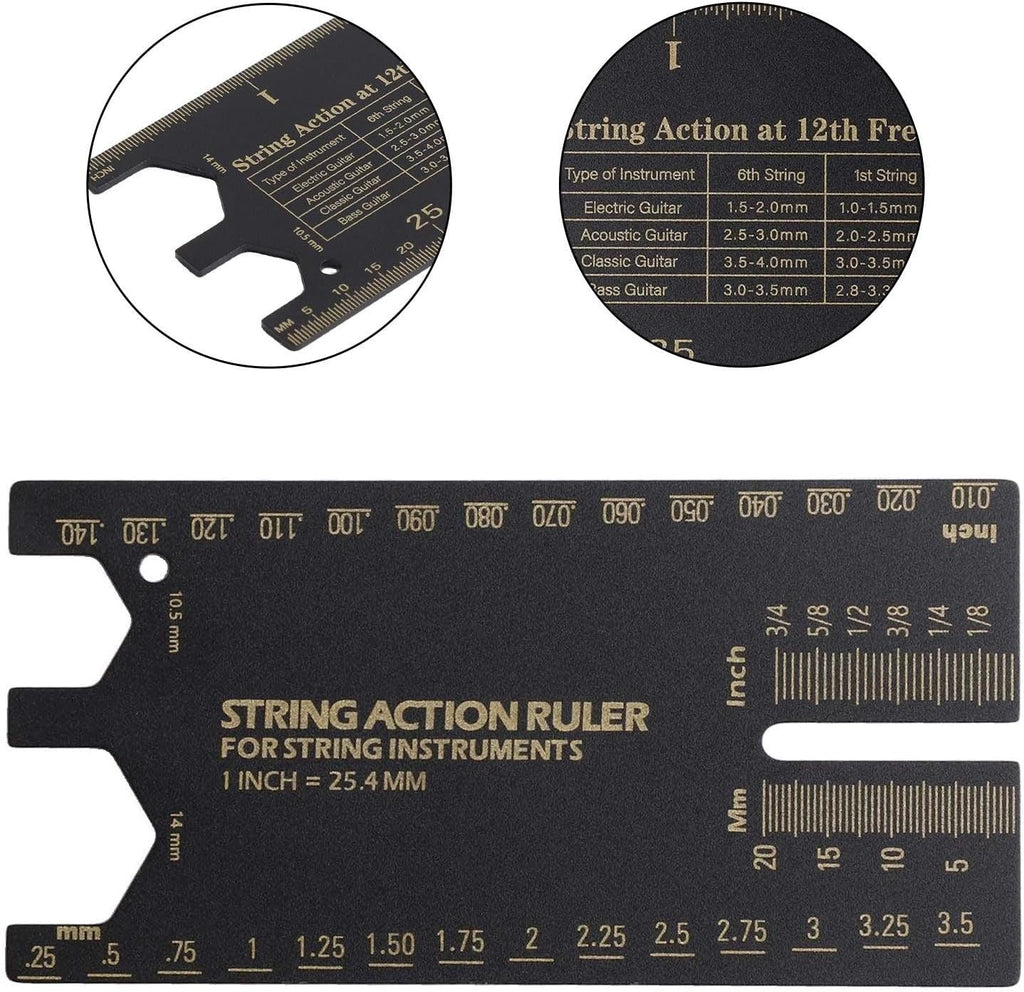 Stainless Steel Guitar String Action Gauge Ruler for Electric Acoustic Bass, Precision Metal Measuring Tool for Luthier Setup and Repair, Black