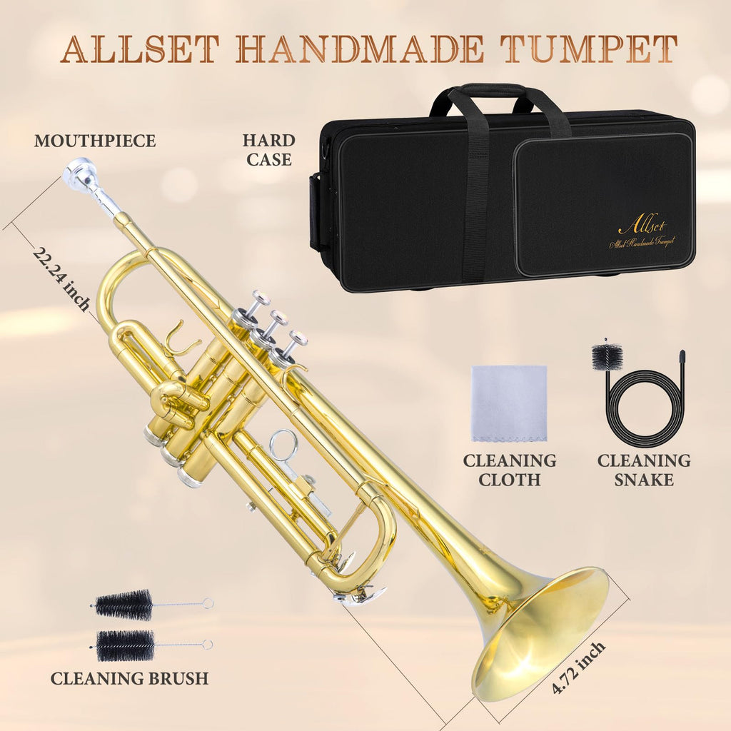 ALLSET Bb Standard Trumpet for Beginners | Student Band, Orchestra, Pro Level Performance | Professional Brass Trumpet Kit with Hard Case, 7C Mouthpiece& Cleaning Kit | Gold