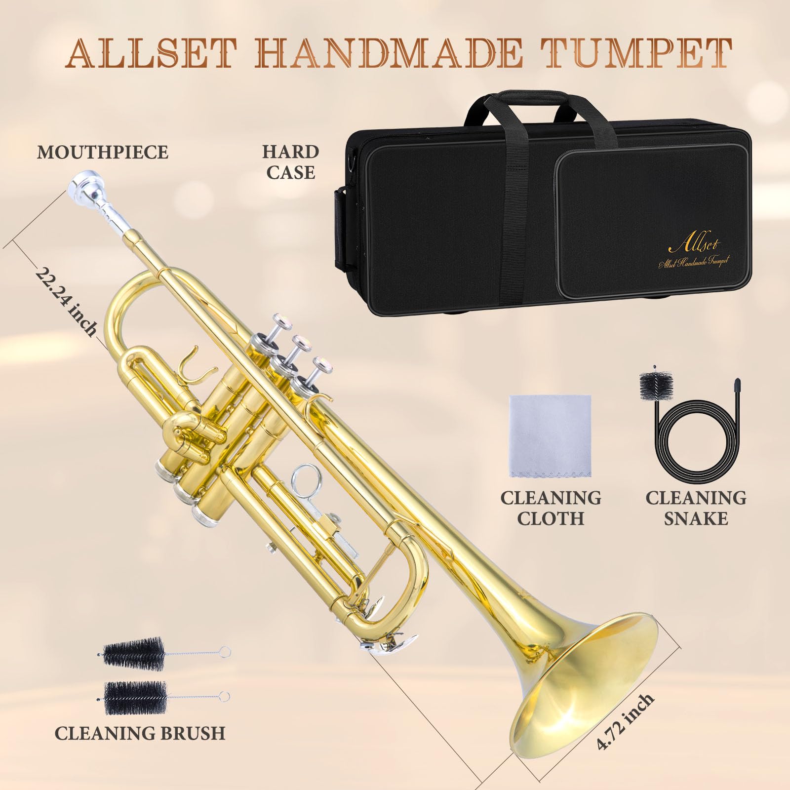 ALLSET Bb Standard Trumpet for Beginners | Student Band, Orchestra, Pro Level Performance | Professional Brass Trumpet Kit with Hard Case, 7C Mouthpiece& Cleaning Kit | Gold