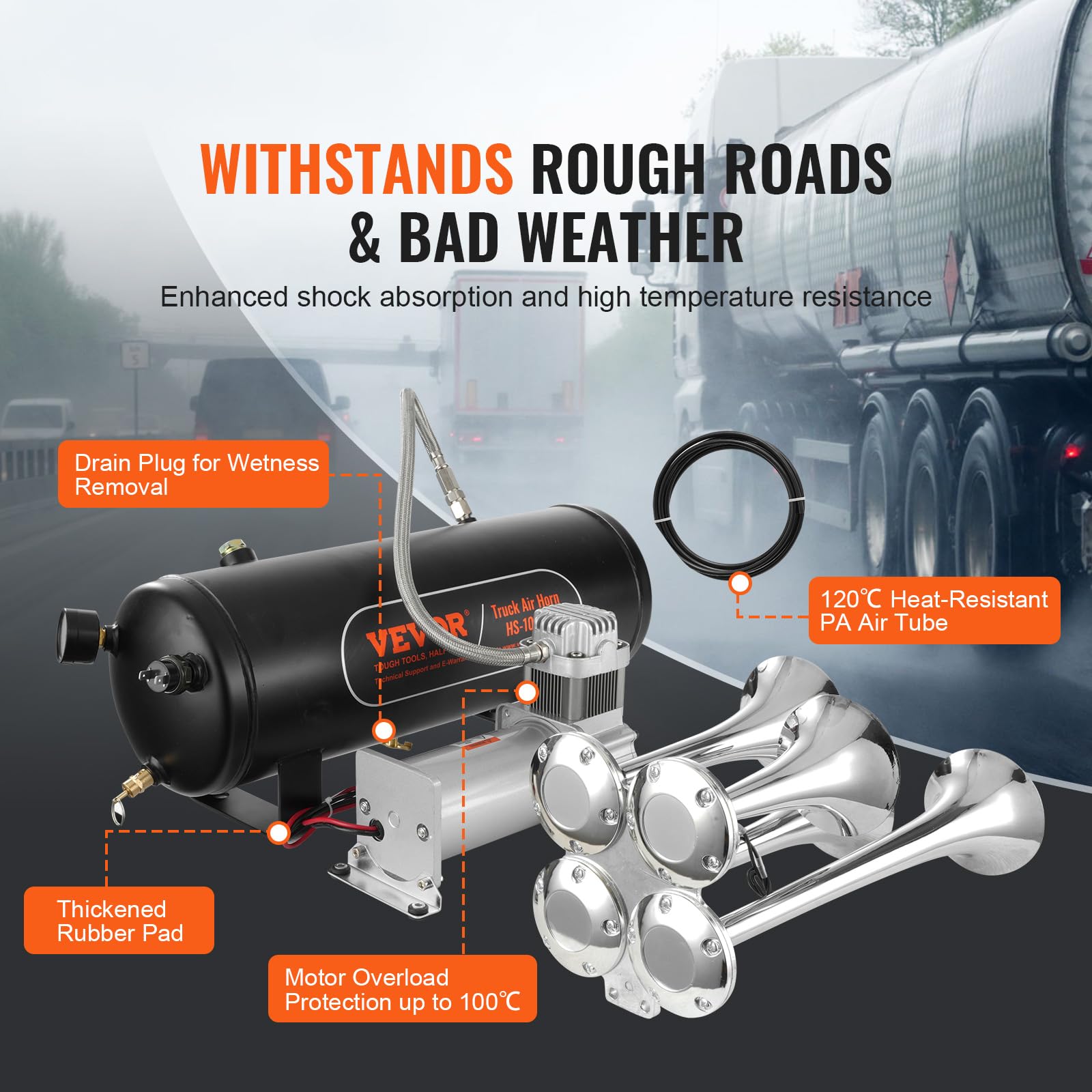 VEVOR 4 Trumpet Air Horn Kit, 150dB Train Horns for Pickup Trucks, 12V 120 psi Air Compressor 0.8 Gal/3 L Tank with Gauge for Any 12V Vehicle Car Truck Train Van Boat