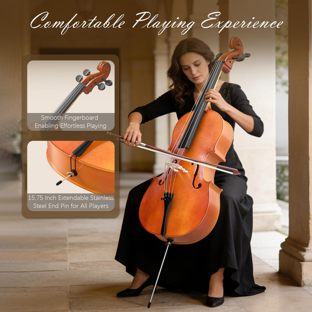 Full Size Cello Kit, Acoustic Cello Instrument for Adults,Beginners,Students,Complete Cello 4/4 Set with Portable Bag, Bow, Rosin (Black)
