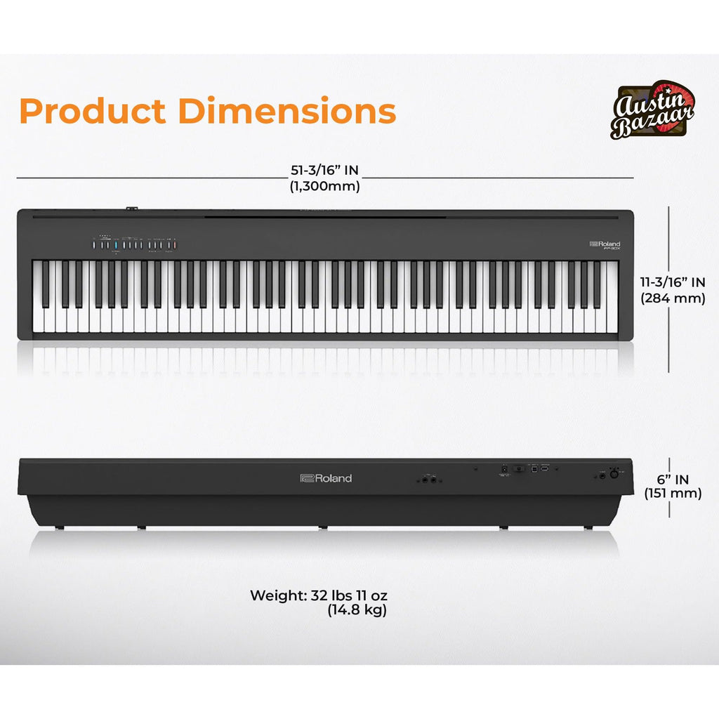 Roland FP-30X 88-Key Digital Piano - Black Bundle with Adjustable Stand, Bench, Sustain Pedal, Online Piano Lessons, Instructional DVD, and Austin Bazaar Polishing Cloth