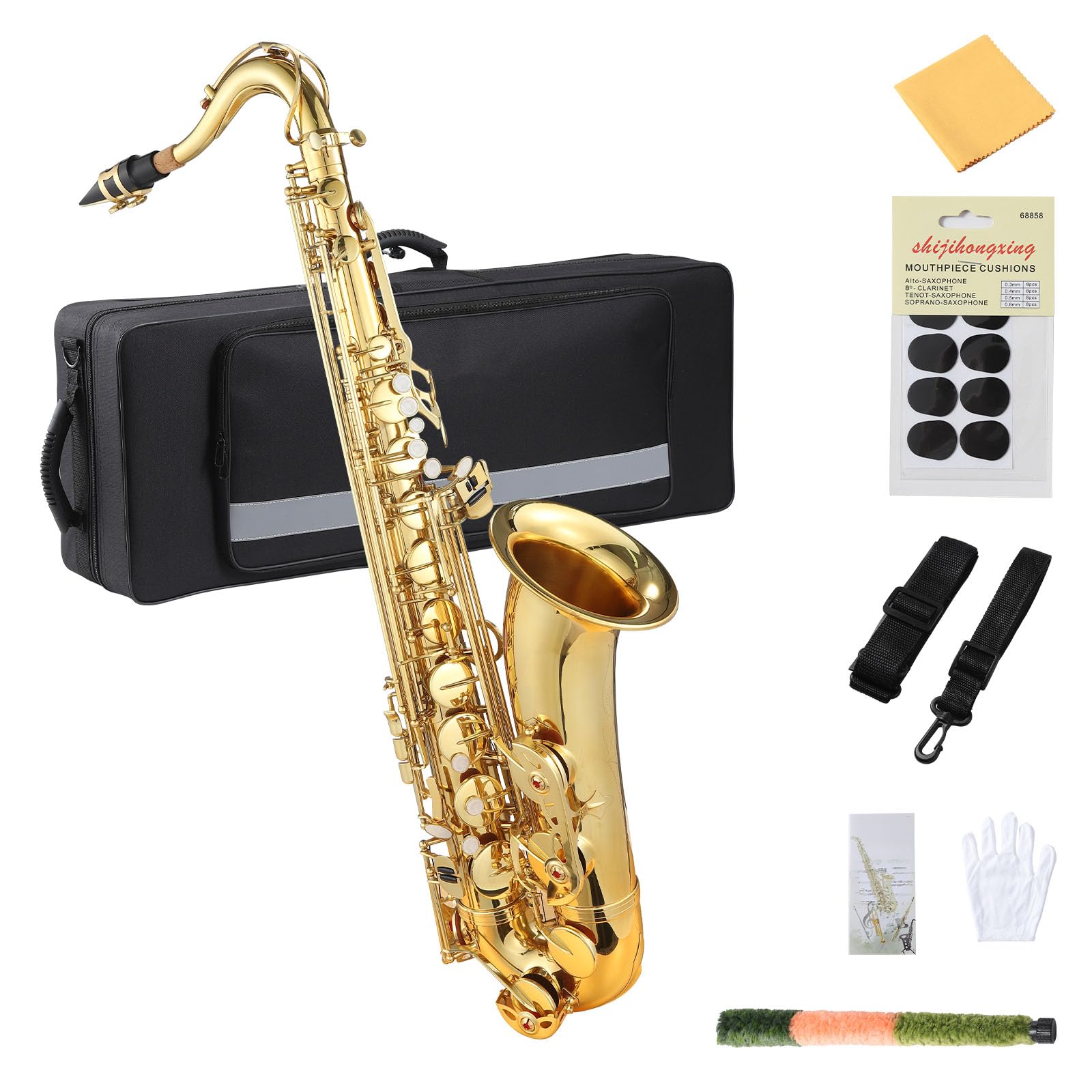 Bb Tenor Saxophone with Full Accessories: Mouthpiece, Neck Strap, Reeds, Cleaning Cloth & Carrying Case, Gold, Ready for School Band