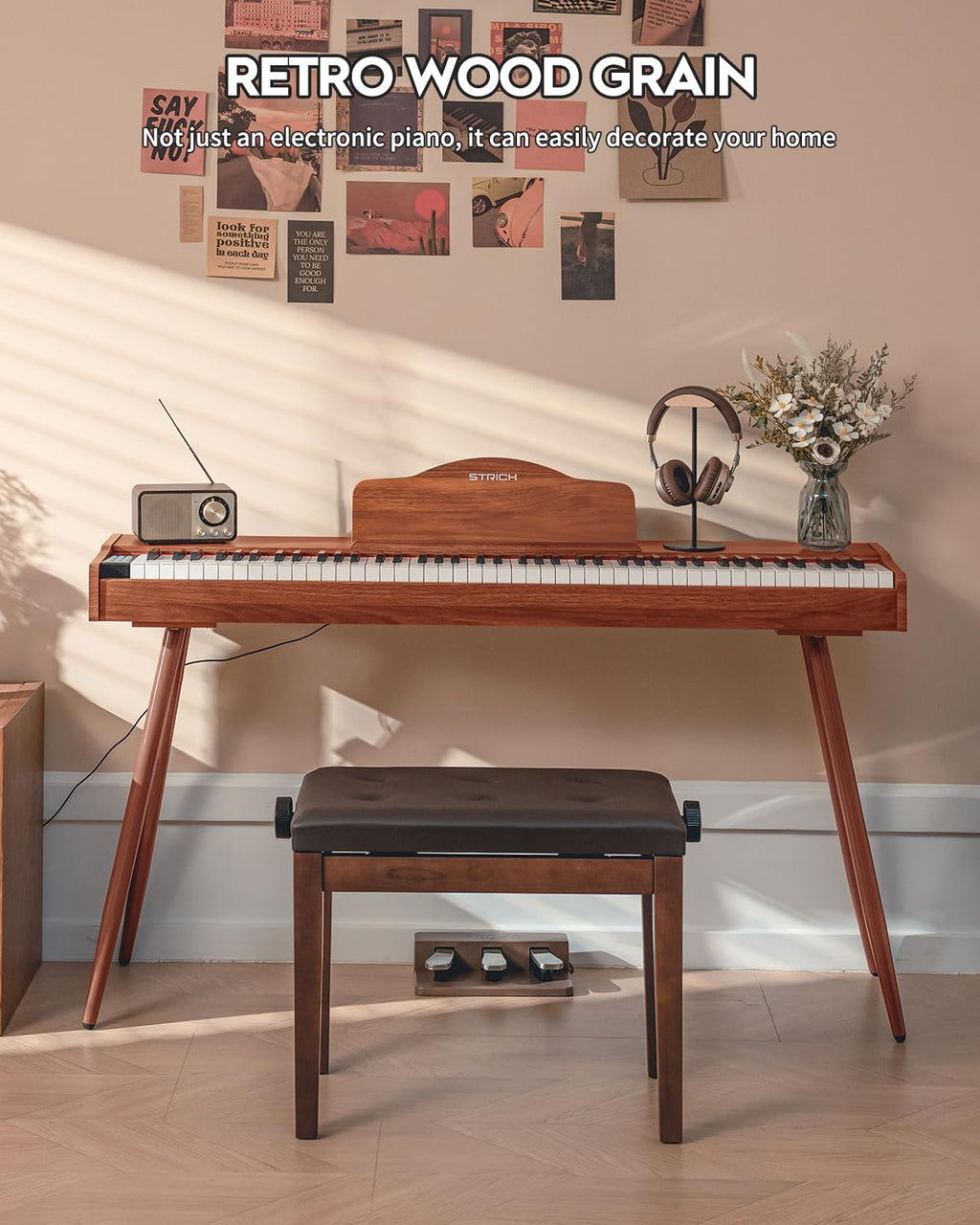 STRICH Digital Piano 88 Keys, Hammer-Action Weighted Keyboard, Full size Electric Piano Keyboard with Stand, 25Wx2 Speakers, Supports USB-MIDI/Wireless Connecting SDP-300S (Color Mahogany)