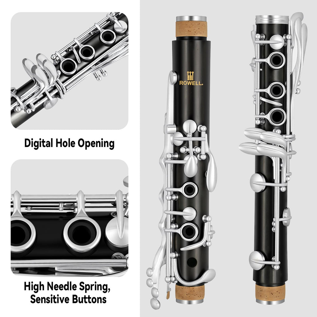 ROWELL 18 Key Bb Clarinet with Eb/Ab Lever & African Blackwood Wood Body Professional Rich Tone for Intermediate Players & Students Includes Case, Mouthpiece, Reeds