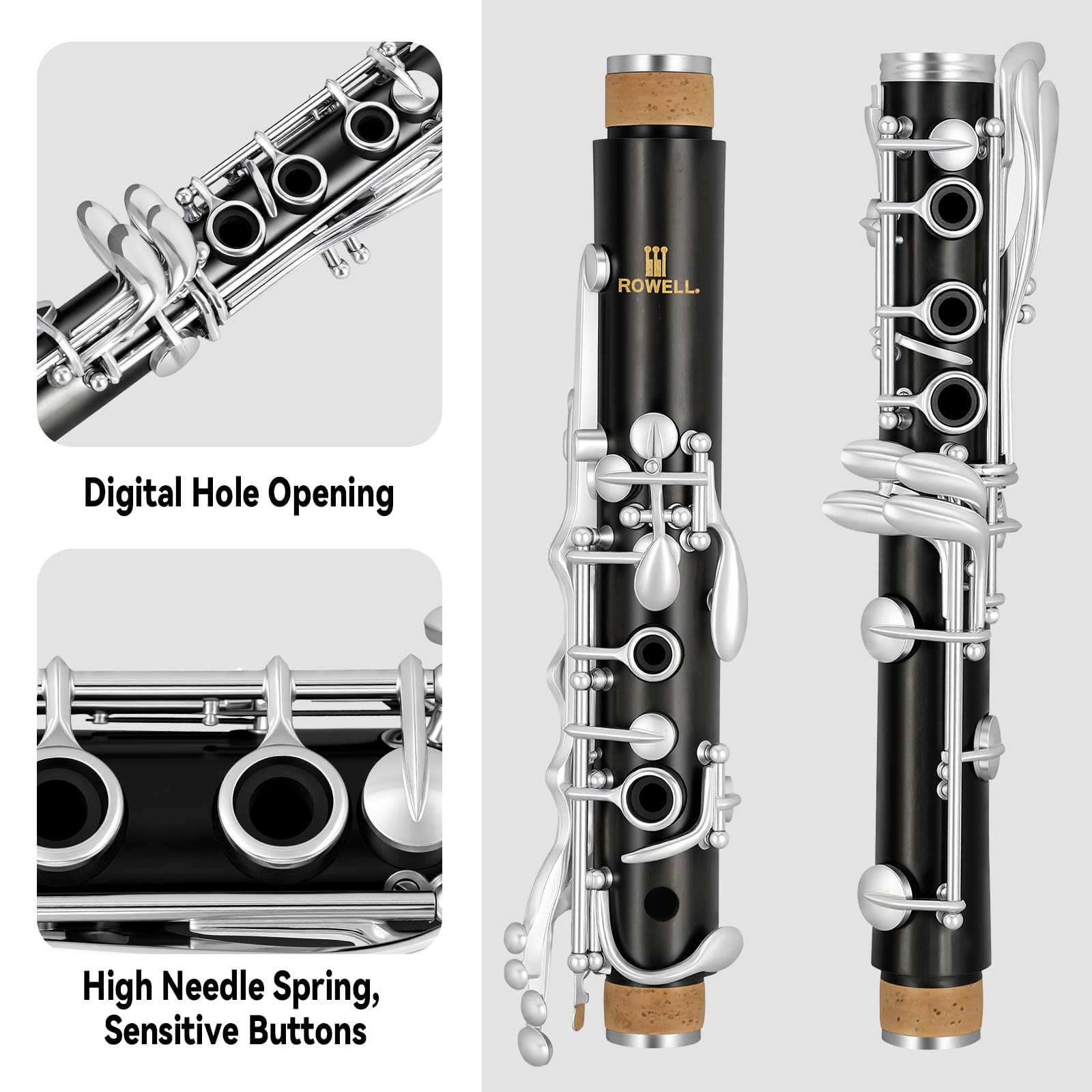 ROWELL 18 Key Bb Clarinet with Eb/Ab Lever & African Blackwood Wood Body Professional Rich Tone for Intermediate Players & Students Includes Case, Mouthpiece, Reeds