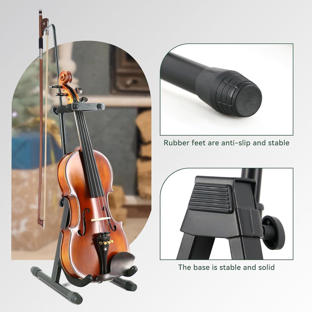 ROWELL Violin Stand Violin Stands with Bow Holder Foldable Portable Viola Stand Height Adjustable Violin Stand with Head Protection Lock &Anti-slip Foot Covers (Black)
