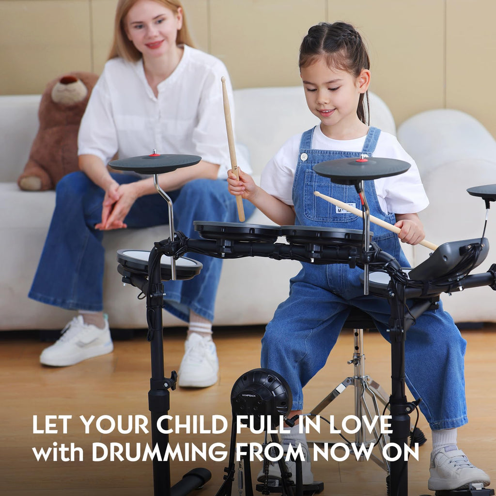 HAMPBACK MK-0 Electric Drum Set with 7'' Quiet Mesh Drum Pads, 8'' Full Rubber Cymbals, 12 Kits and 68 Authentic Sounds, USB MIDI, Throne, Sticks, Headphone, 2 Switch Pedals for Beginners & Kids