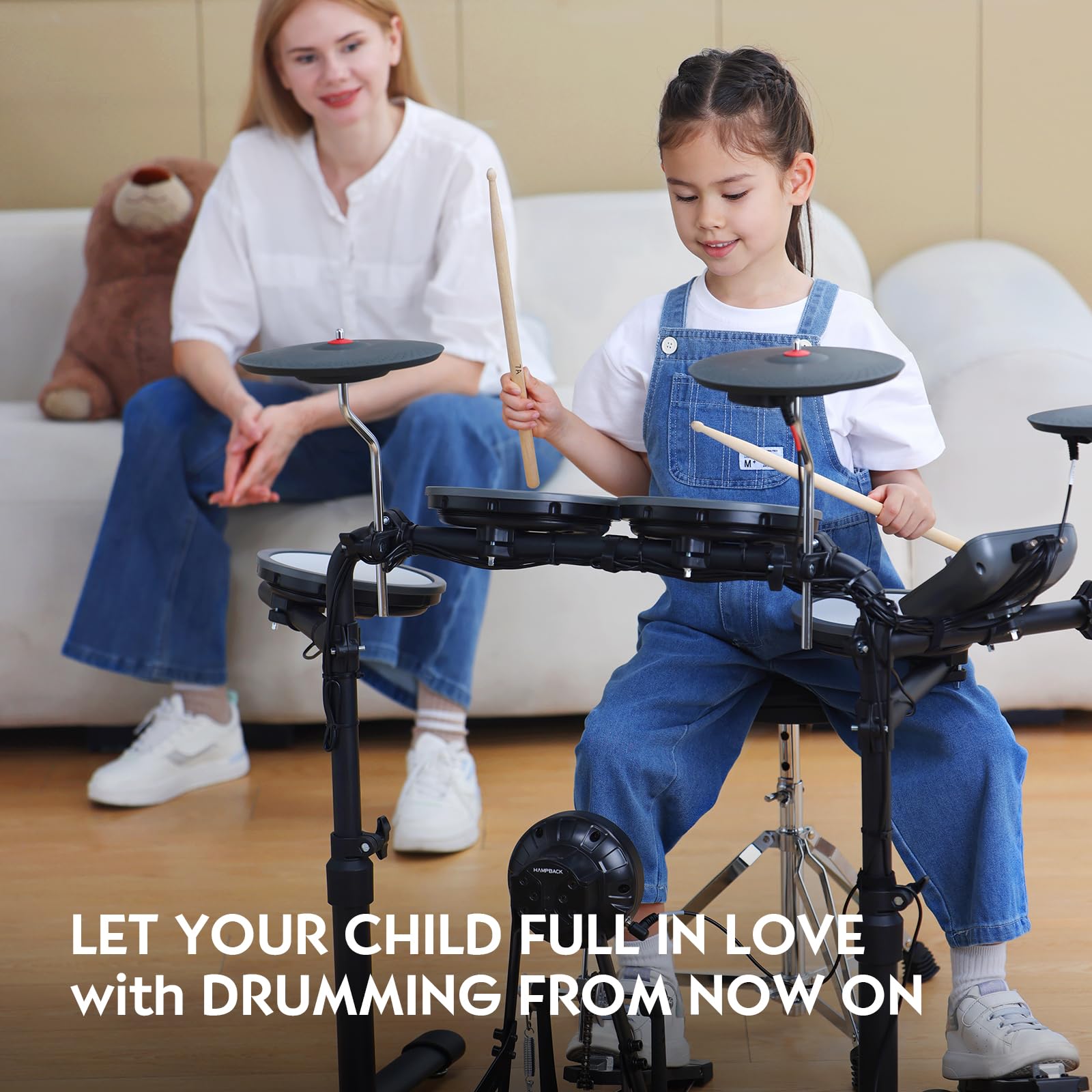 HAMPBACK MK-0 Electric Drum Set with 7'' Quiet Mesh Drum Pads, 8'' Full Rubber Cymbals, 12 Kits and 68 Authentic Sounds, USB MIDI, Throne, Sticks, Headphone, 2 Switch Pedals for Beginners & Kids