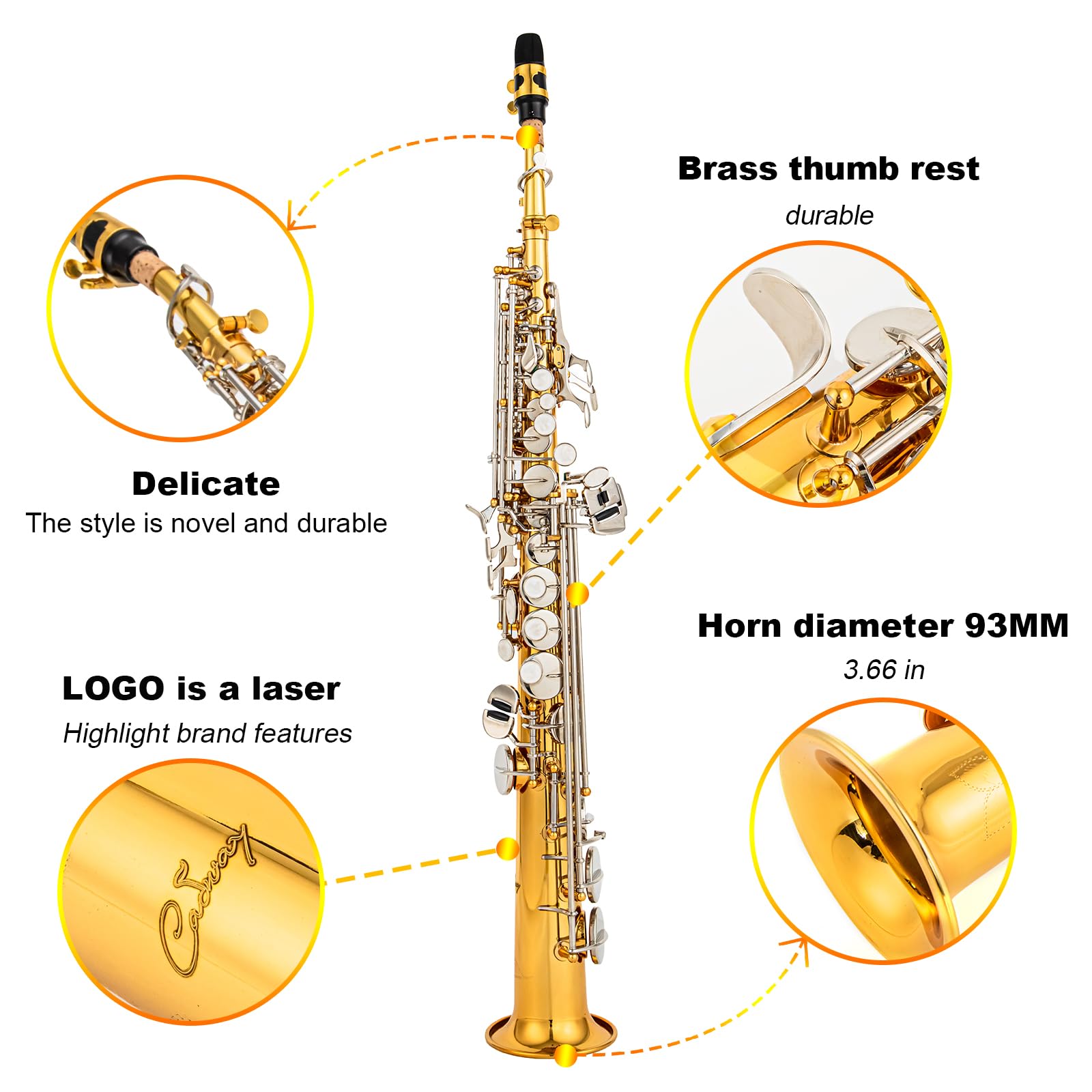 Bb Soprano Saxophone Straight Gold Laquer Sax Instruments for Beginners Students Intermediate Players with Carrying Case,White Gloves.Cleaning kit.neck Strap.Mouthpiece (Gold body nickel bond)