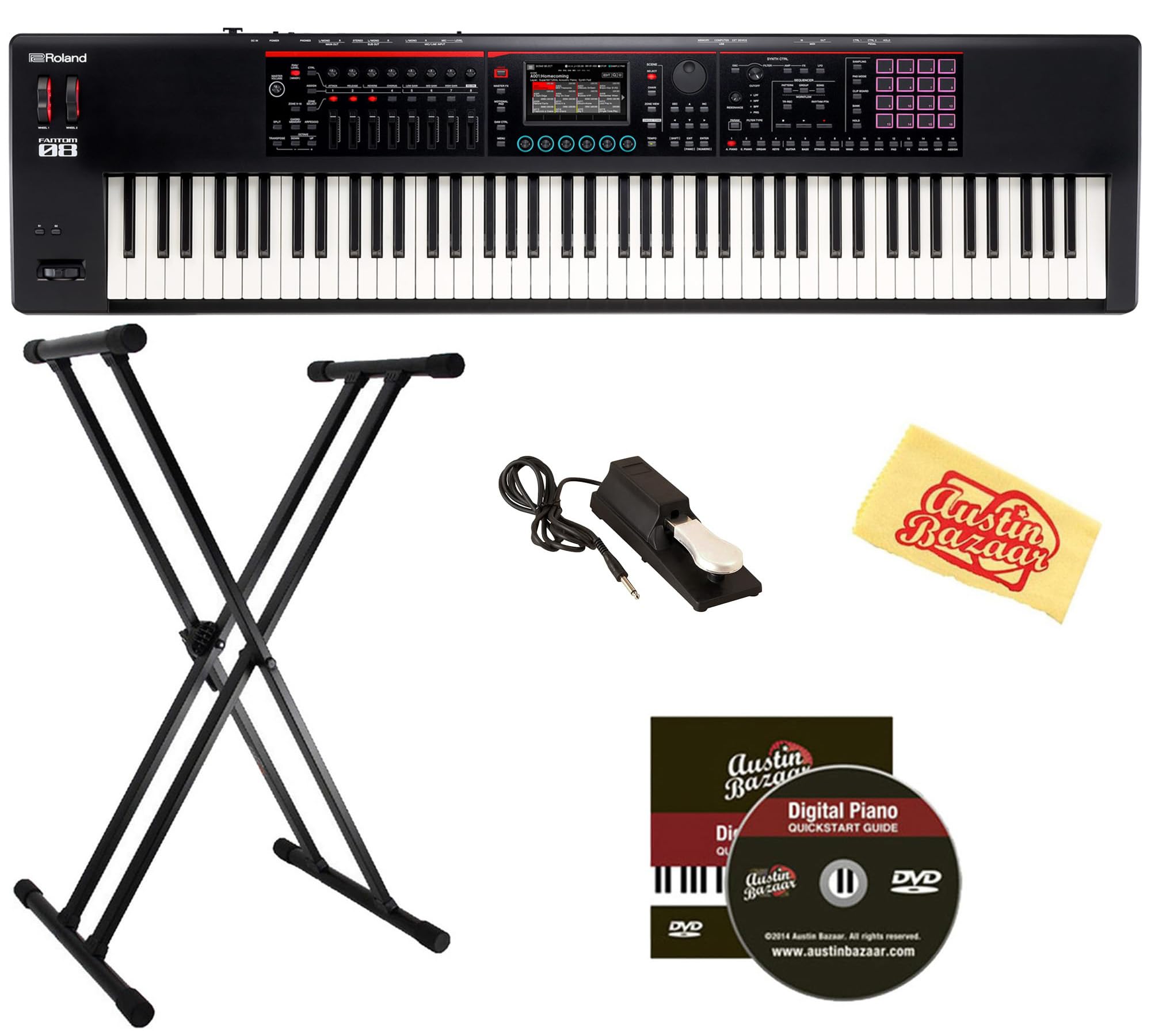 Roland Fantom 8 EX 88-Key Workstation Keyboard Synthesizer Bundle with Adjustable Stand, Sustain Pedal, Online Piano Lessons, Instructional DVD, and Austin Bazaar Polishing Cloth