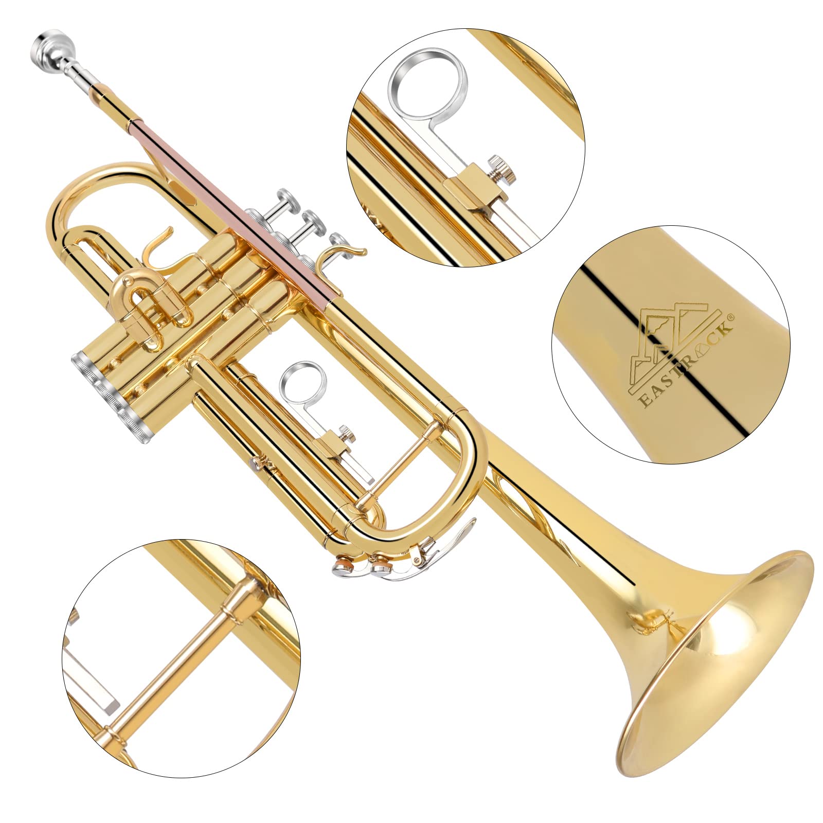 EASTROCK Bb Trumpet Standard Trumpet Set with Carrying Case,Gloves, 7C Mouthpiece, Tuning Rod, Black Nickel,Hand Carved Craft