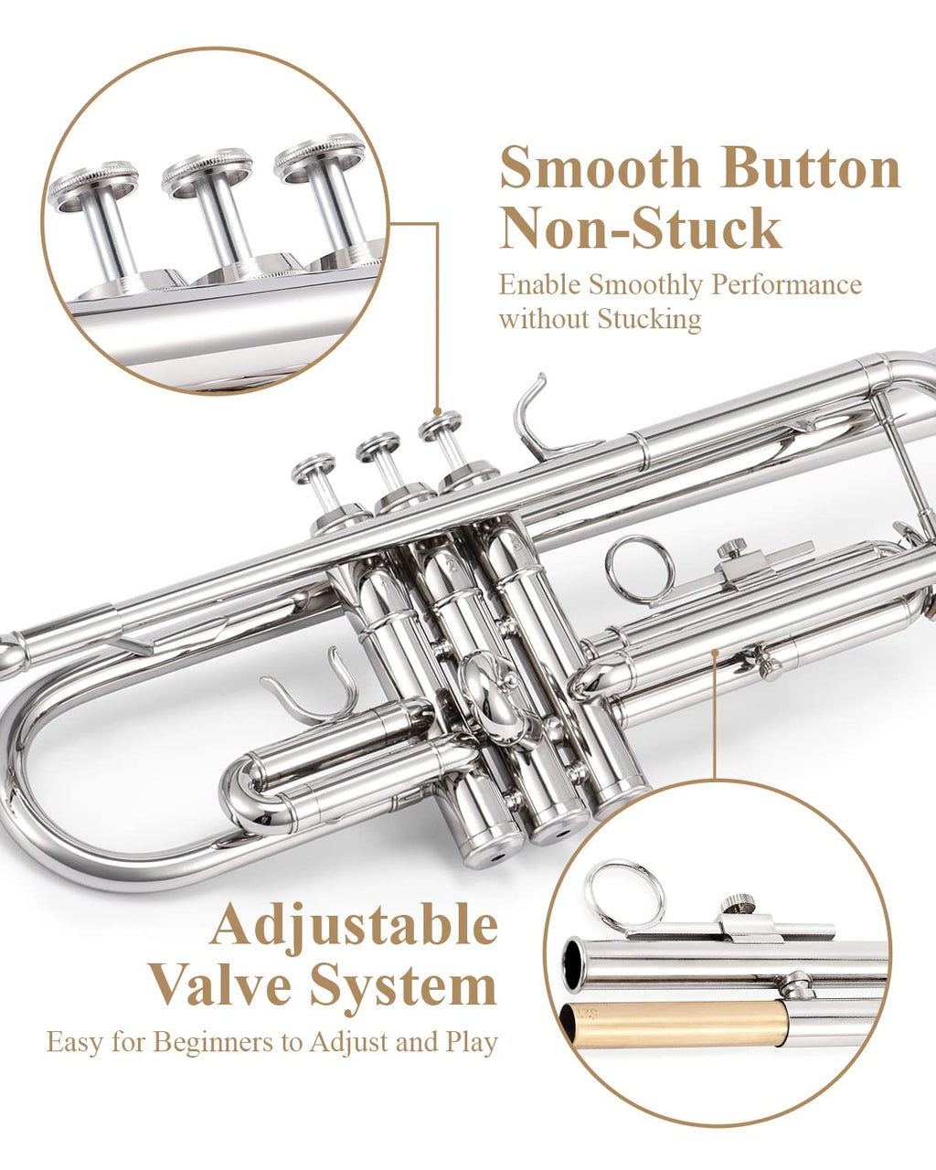 Eastar Bb Standard Trumpet Set for Beginner, Brass Student Trumpet Instrument with Hard Case, Cleaning Kit, 7C Mouthpiece and Gloves, ETR-380N, Silver