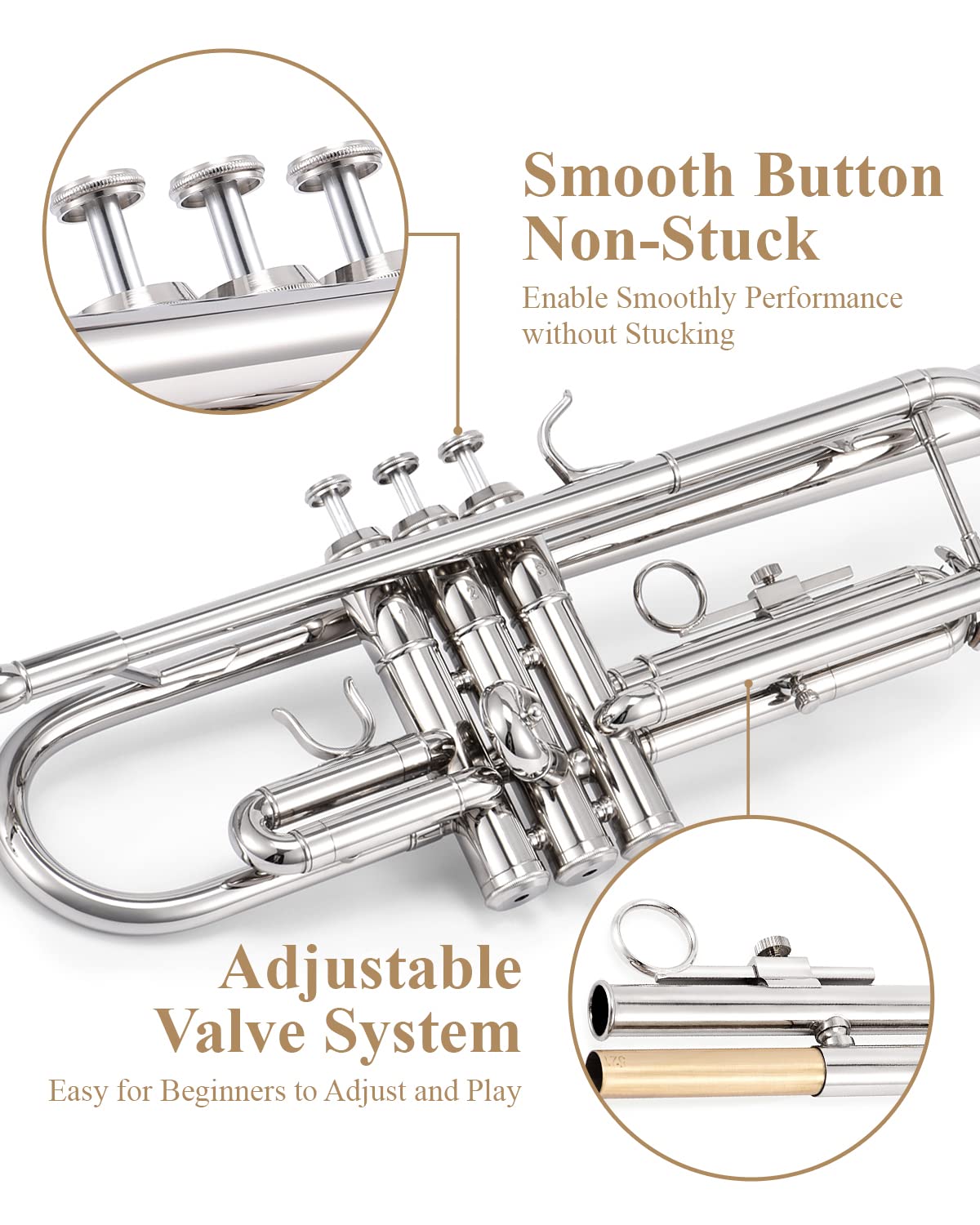 Eastar Bb Standard Trumpet Set for Beginner, Brass Student Trumpet Instrument with Hard Case, Cleaning Kit, 7C Mouthpiece and Gloves, ETR-380N, Silver