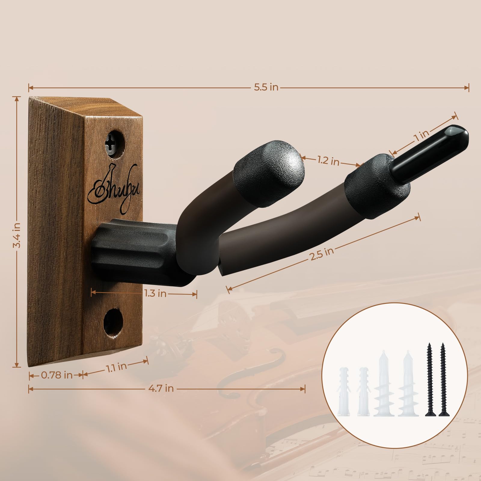 Ohuhu Violin Wall Mount Hanger, Hardwood Violin Viola Hanger with Bow Holder and Soft Padding for Home Studio Decor