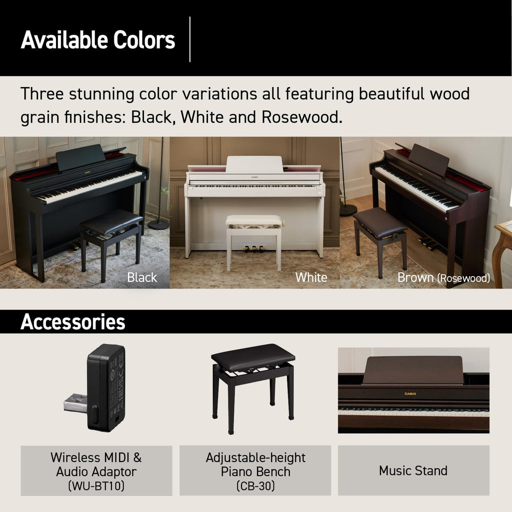 Casio CELVIANO AP-300 Console Digital Piano, with 88 Weighted Keys, 19 Tones, 40W Speaker System, Bluetooth Audio/MIDI, USB, Rosewood Finish (AP-300BN)