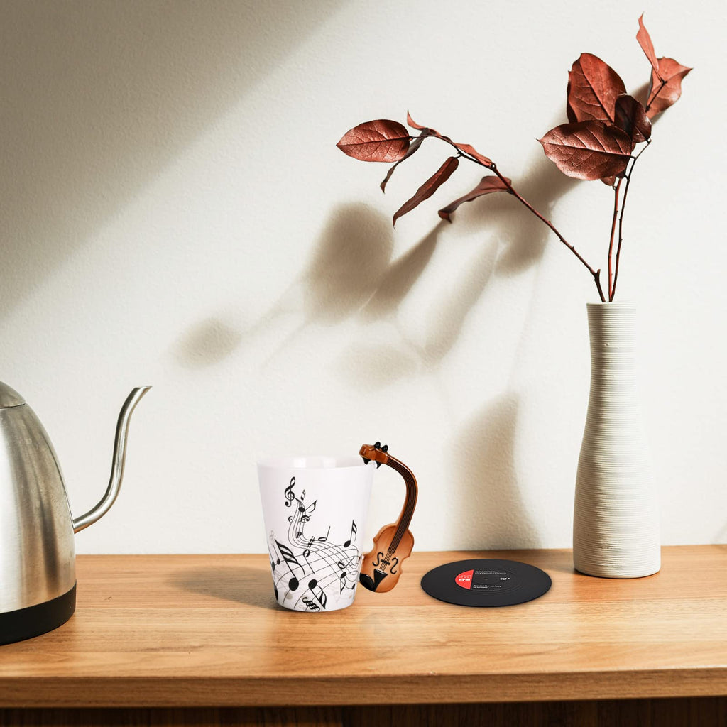 Maustic Novelty Violin Mug - 13 Oz Ceramic with Vinyl Record Coaster, Perfect for Music Lovers, Musicians, and Violinists - Ideal for Christmas or Birthday Gifts