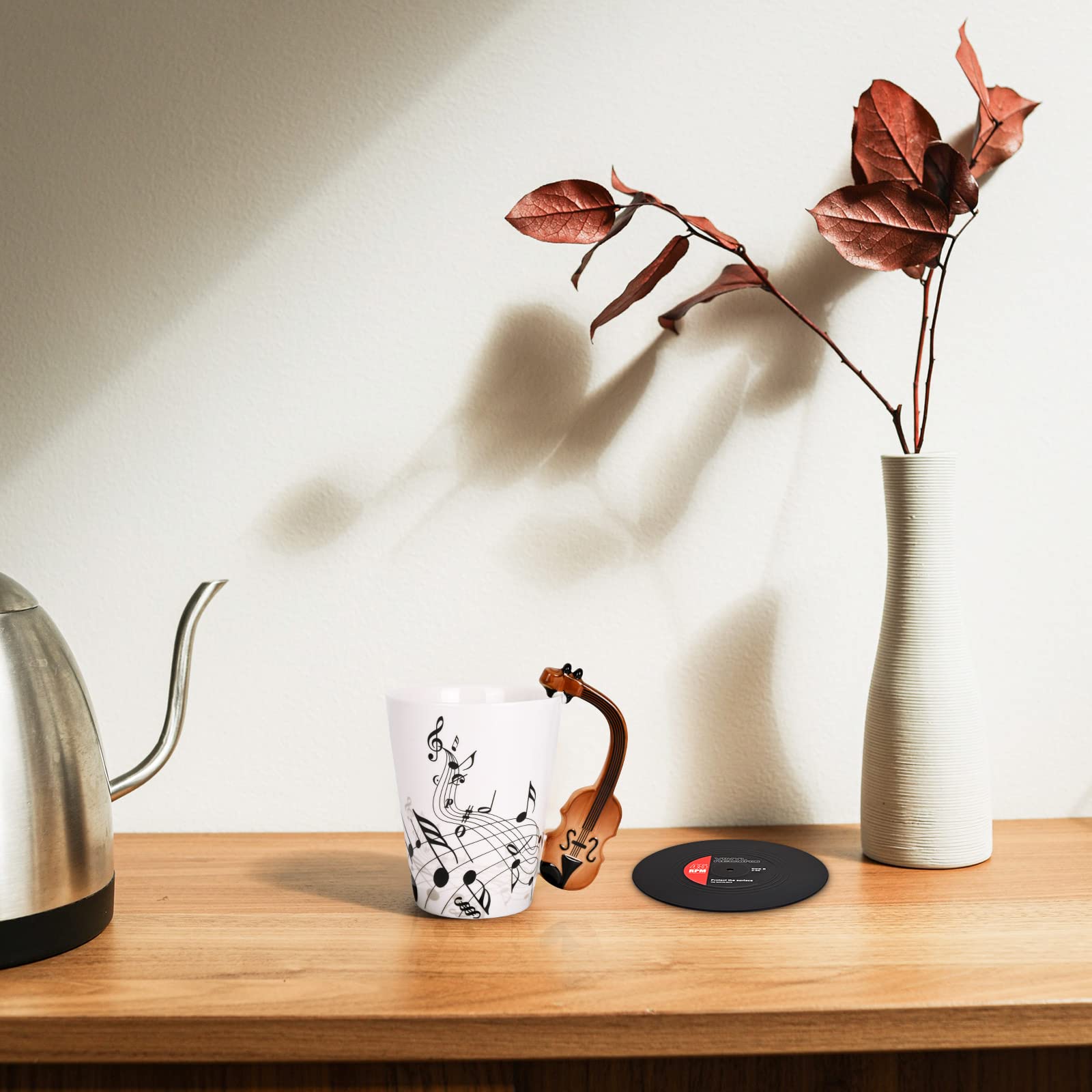Maustic Novelty Violin Mug - 13 Oz Ceramic with Vinyl Record Coaster, Perfect for Music Lovers, Musicians, and Violinists - Ideal for Christmas or Birthday Gifts