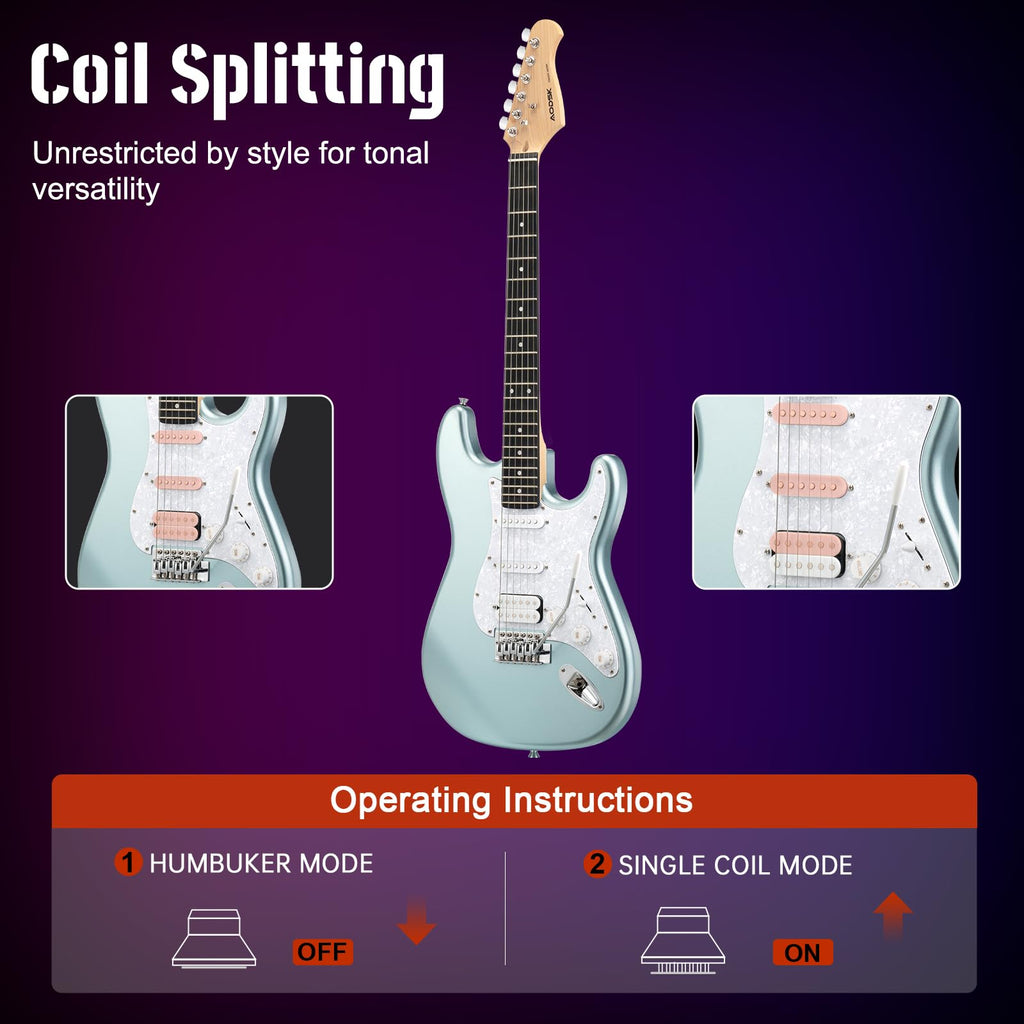 AODSK Electric Guitar with Amp Beginner Kit 39 Inch Solid Body Full Size,All Accessories,Digital Tuner,Six Strings,Four Picks,Tremolo Bar,Strap,Gig Bag,Starter kit (Blue-HSS)