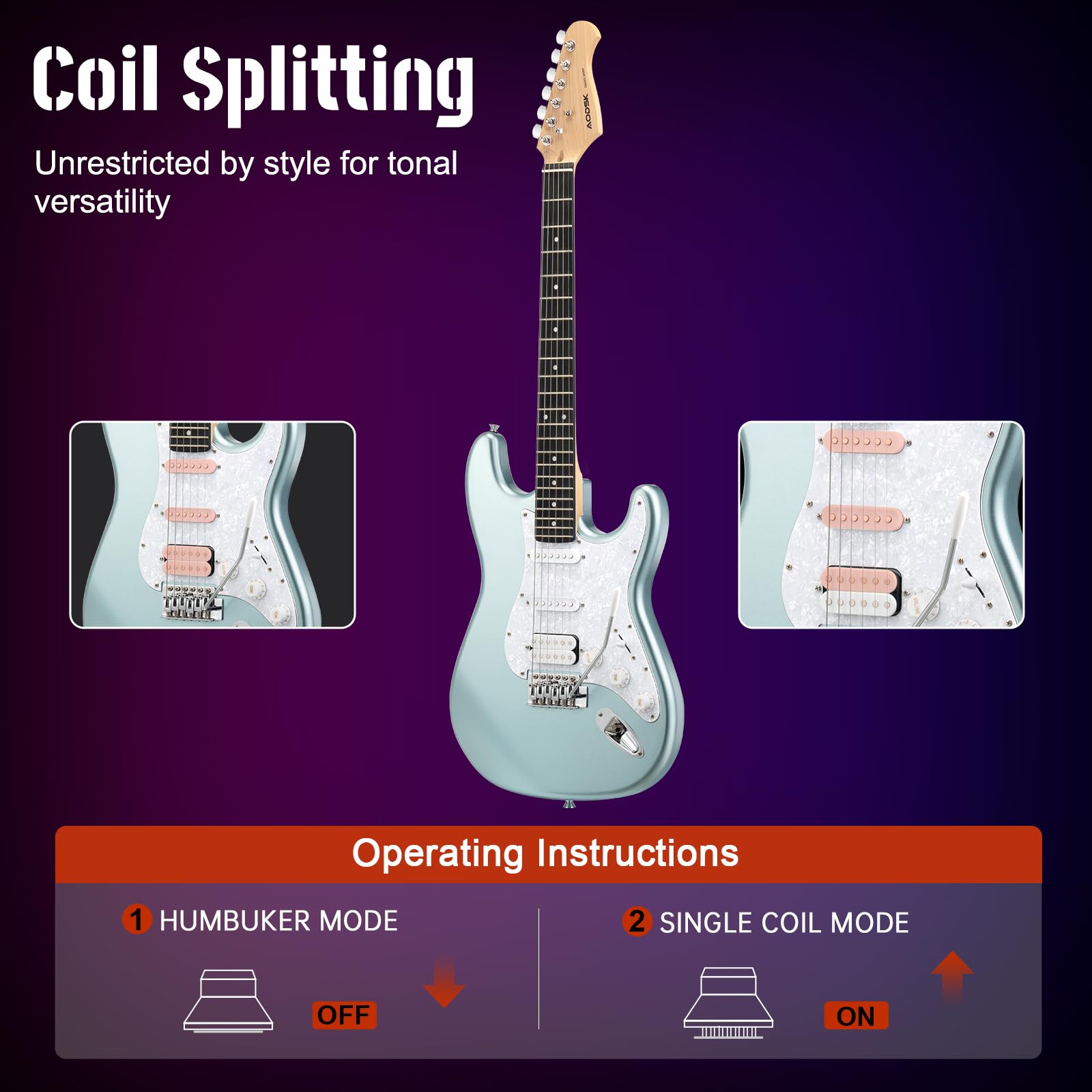AODSK Electric Guitar with Amp Beginner Kit 39 Inch Solid Body Full Size,All Accessories,Digital Tuner,Six Strings,Four Picks,Tremolo Bar,Strap,Gig Bag,Starter kit (Blue-HSS)